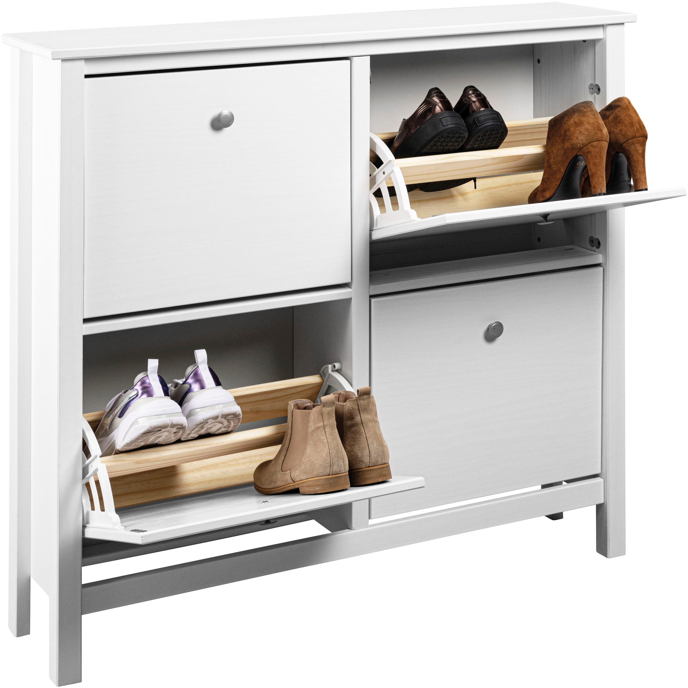 Inter Link Schuhkipper »Pinora, Kiefer Massivholz, Weiss, 107 x 25 x 101 cm, 16 paar Schuhe« 1 Stk. tlg. Schuhschrank im modernem Skandi Look, 4 Klappen, Schuhkommode