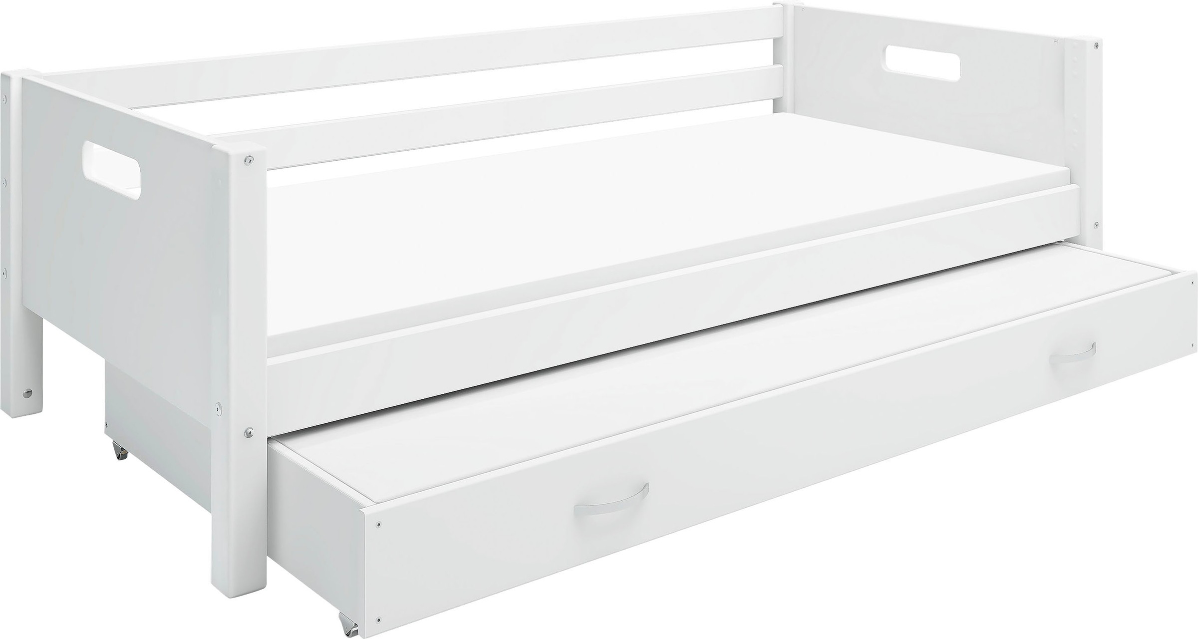 Einzelbett, Nordic produziert bei Flexa, incl Rollrost, weiß + weiß + weiß Hintere Absturzsicherung in Kiefer-Ausziehbett