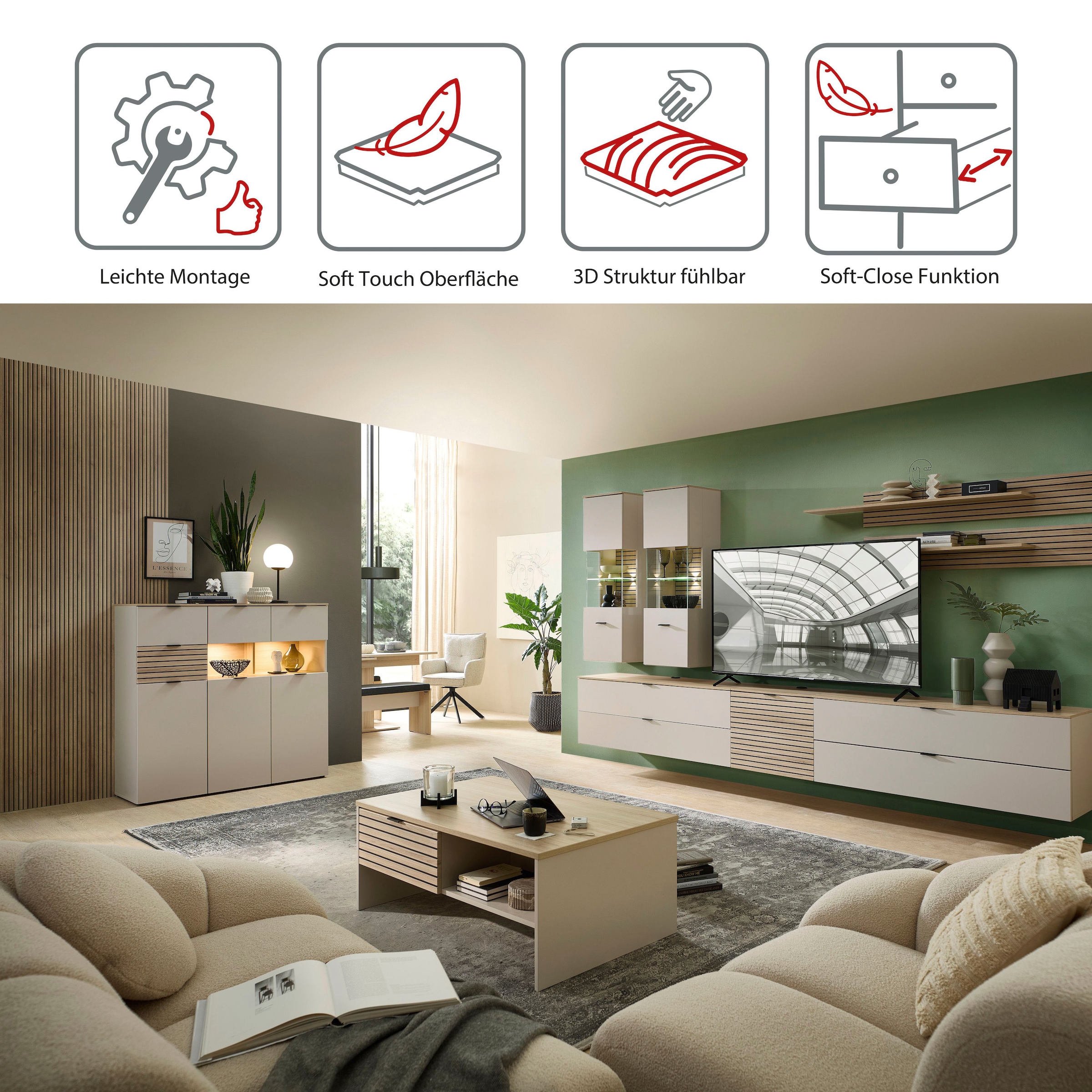 Innostyle Highboard »INA« 1 Stk. tlg. 3 türig, 4 Schubladen, inkl. Beleuchtung, Softclose
