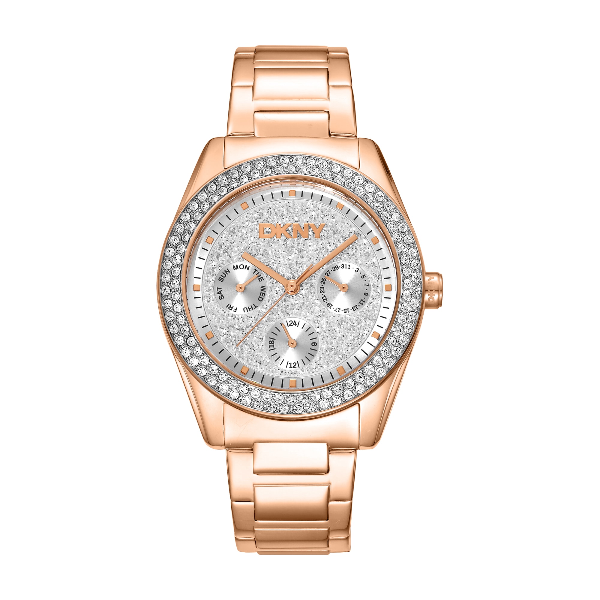 DKNY Quarzuhr »Chambers Multi Glitz« Armbanduhr, Damenuhr, Edelstahlarmband, analog, Tag