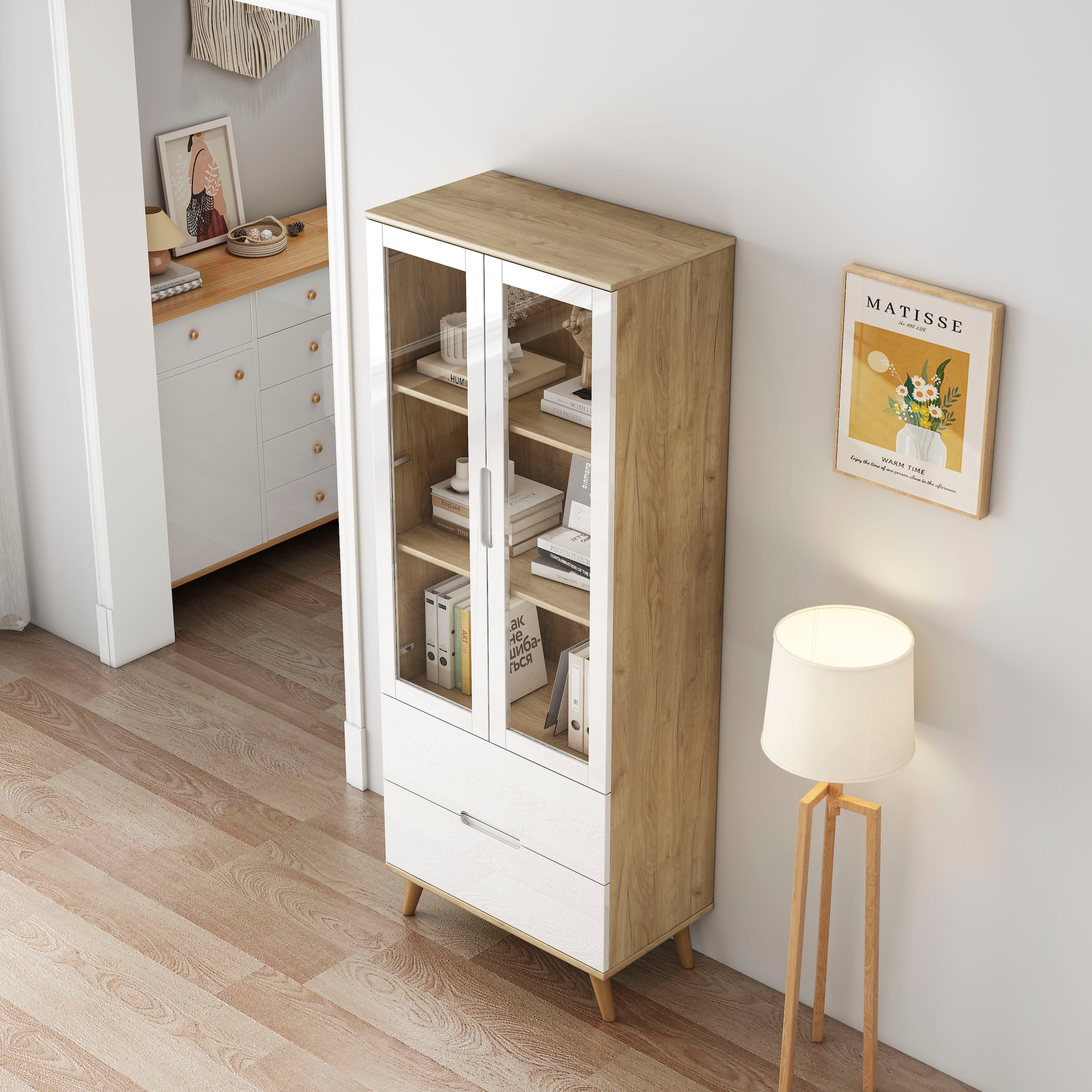OTTO home Highboard »Lund« mit glänzenden Fronten, Glastüren, helles Holzdekor, Breite 70 cm