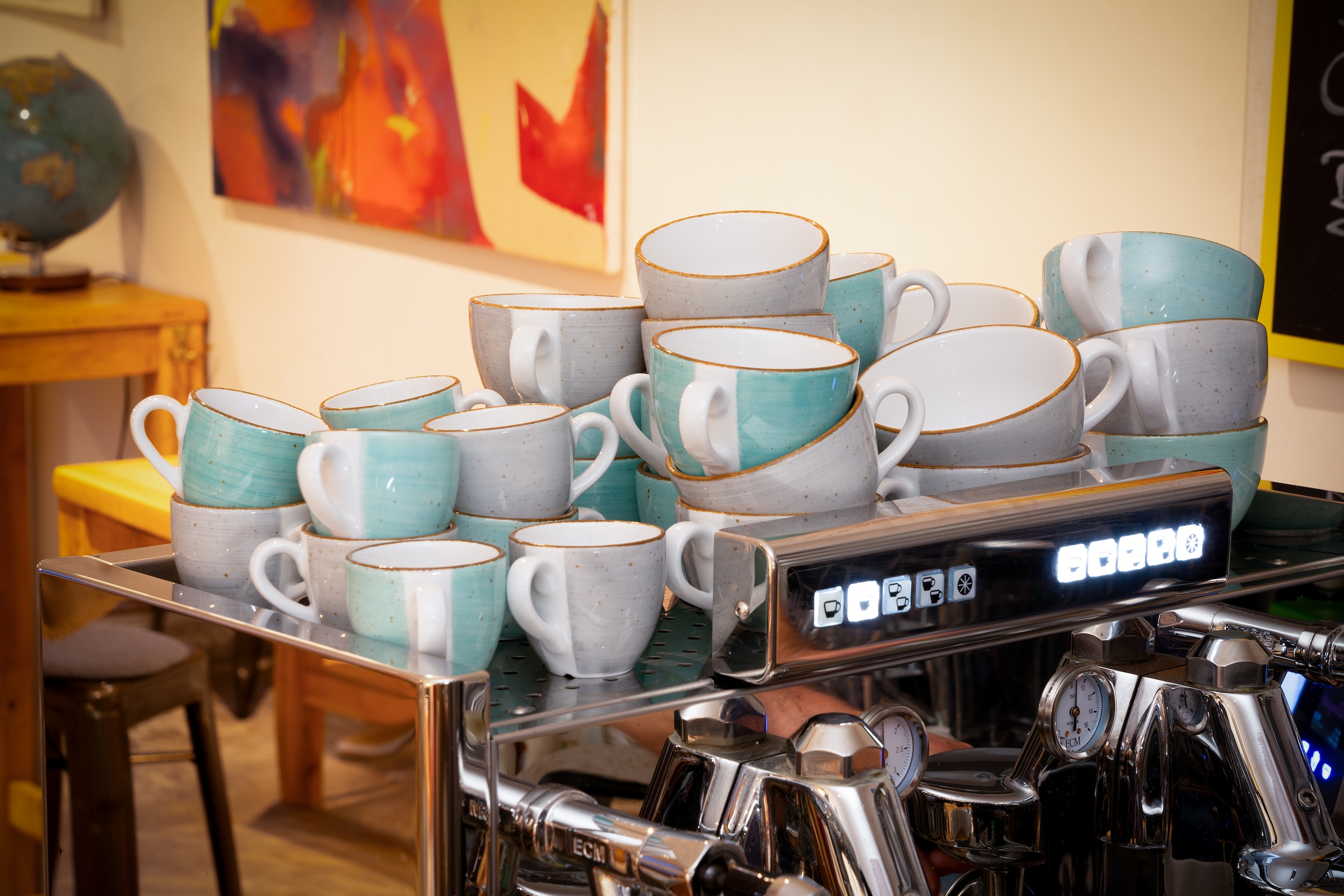 CreaTable Espressotasse »Vintage Nature Aqua, Espresso-Set, 8-tlg.«, (Set, 8 tlg.), Handgemalt, Gesprenkelt, Rustikales Außenband