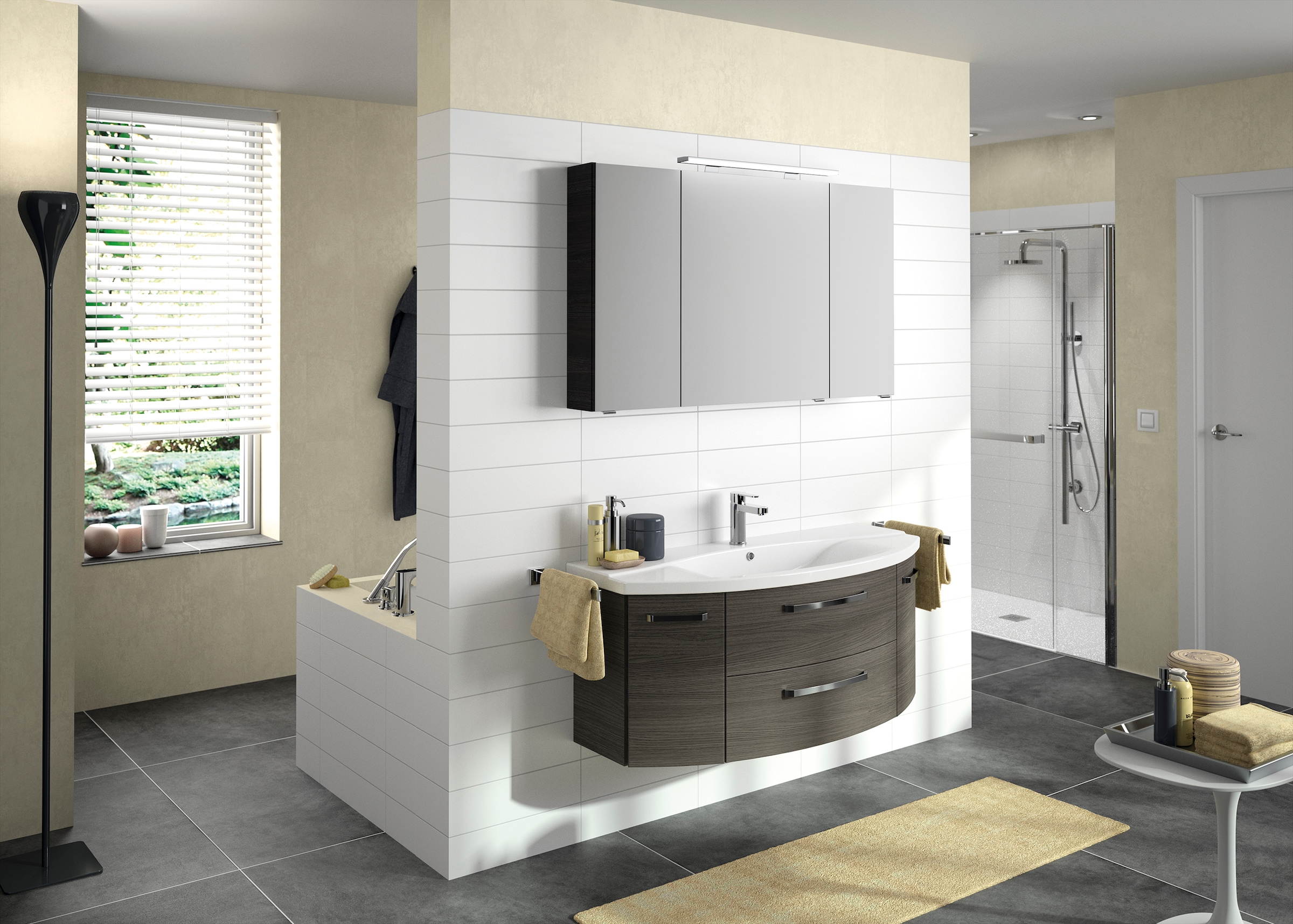 Saphir Badezimmerspiegelschrank »Serie 4010 Badezimmer-Spiegelschrank inkl. LED-Aufsatzleuchte«, Badschrank 120 cm breit, 3 Türen, 6 Glas-Einlegeböden, inkl Türdämpfer