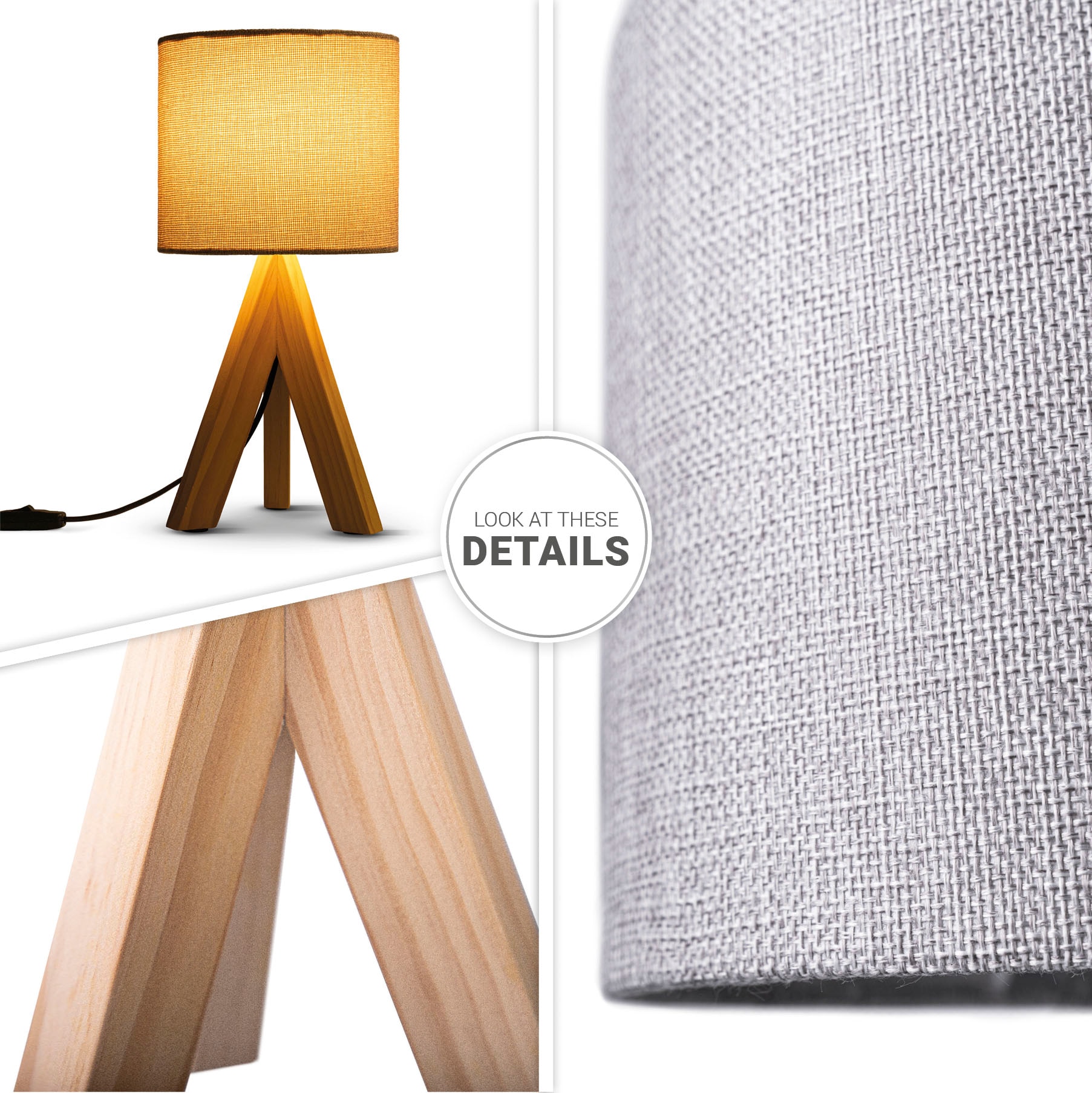 Paco Home Tischleuchte »BAJO CANVAS UNI COLOR«, 1 flammig, Leuchtmittel E14 | ohne Leuchtmittel, Dreibein massiv Holz, Textilschirm uni Leinen, Ø 17 cm, H. 35 cm