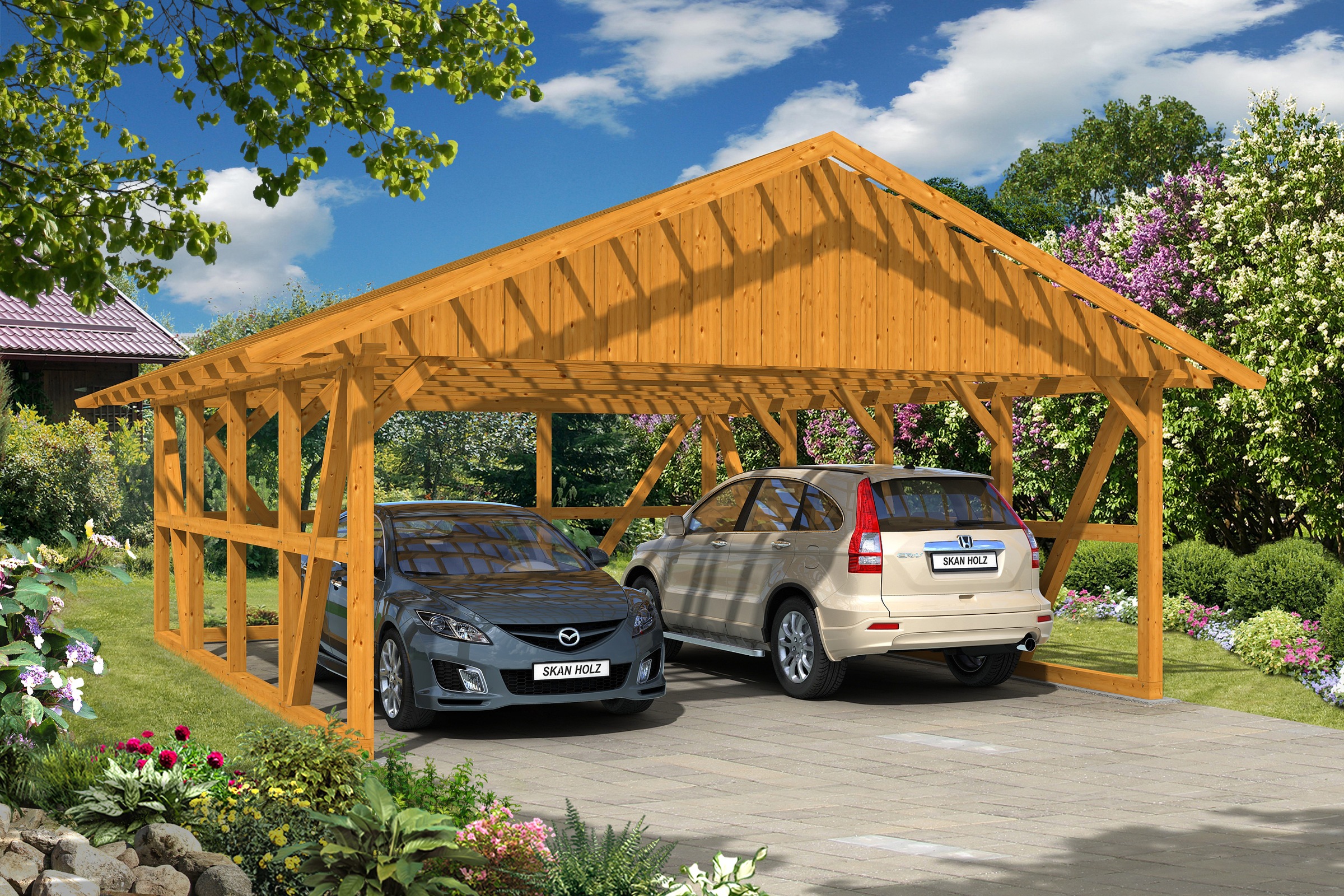 Skanholz Doppelcarport »Schwarzwald«, 560 cm, Eiche hell, mit Dachlattung