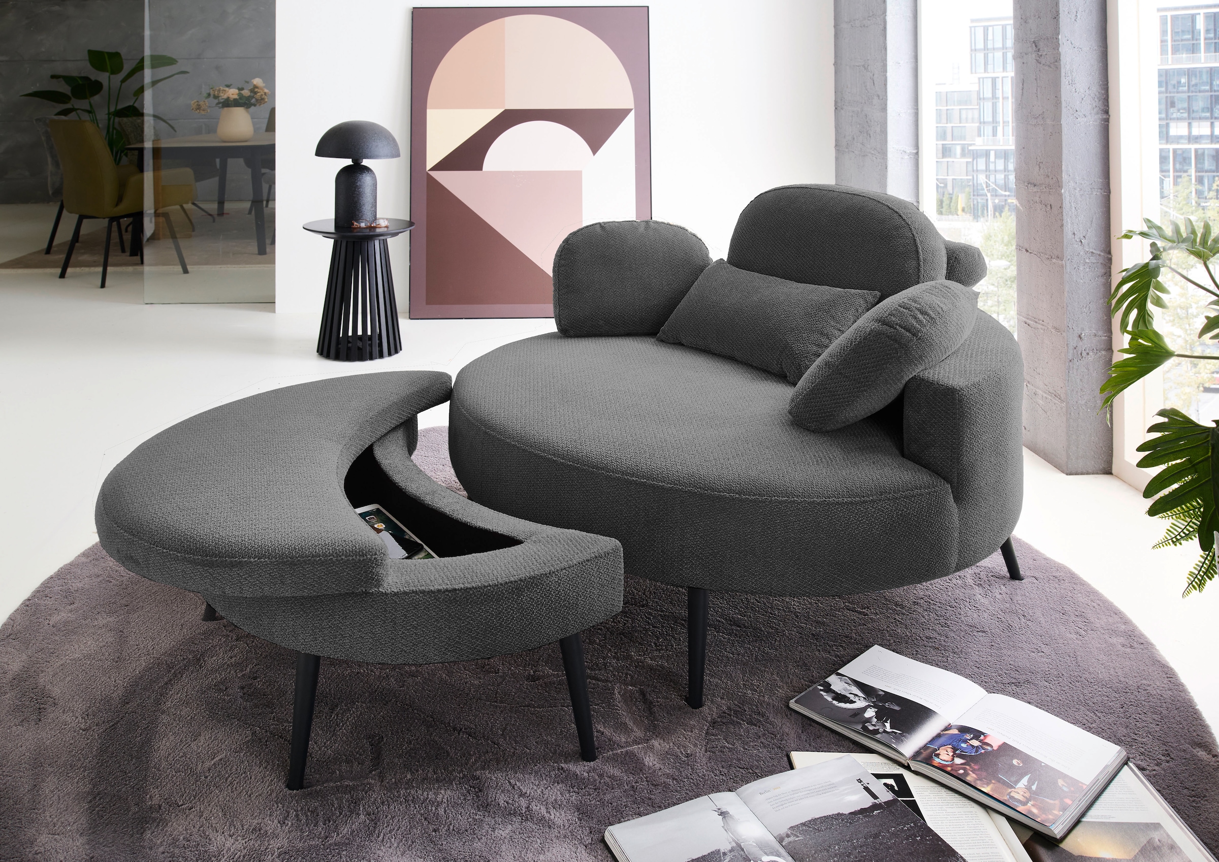 OTTO home Loveseat »Riko Sessel, B: 110 cm, Sitzhöhe: 44 cm« XXL- Sessel, mit Stauraumhocker, Rückenstütze & 4 Zierkissen