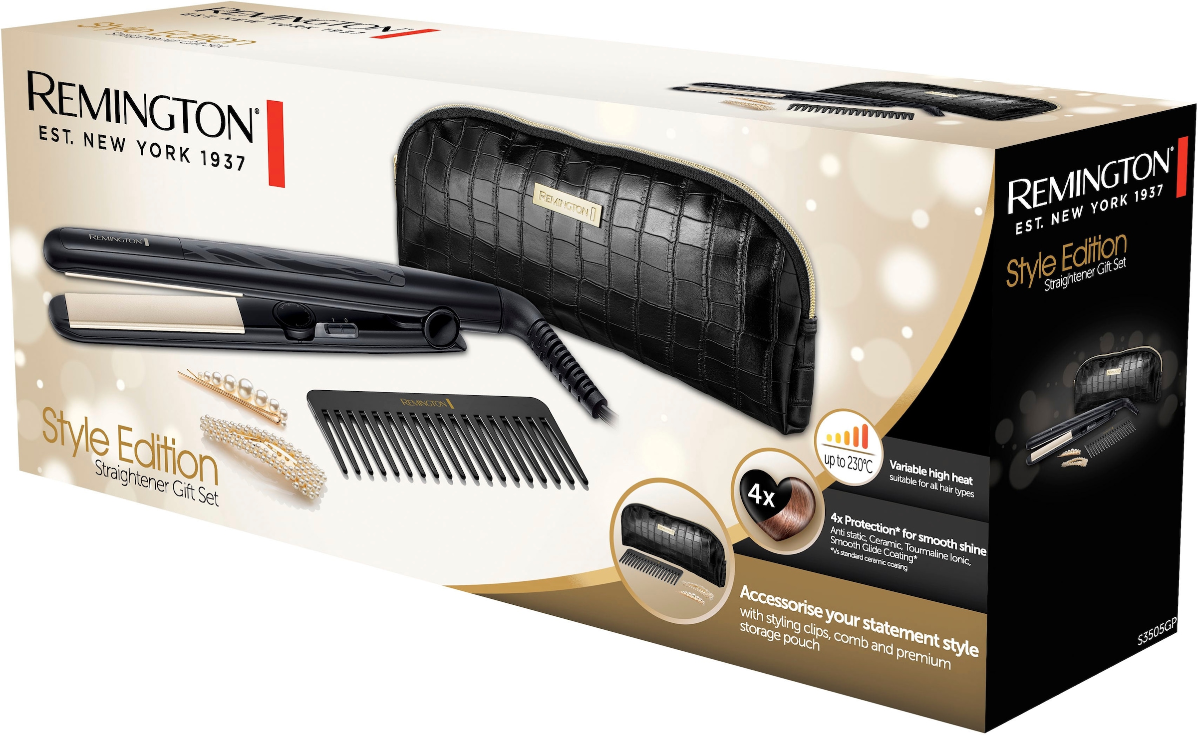 Remington Glätteisen »Style Edition, S3505GP, Haarglätter im Geschenkset«, Keramik-Turmalin-Beschichtung, mit Aufbewahrungstasche, Kamm &
Perlen-Spangen, bis 230° C