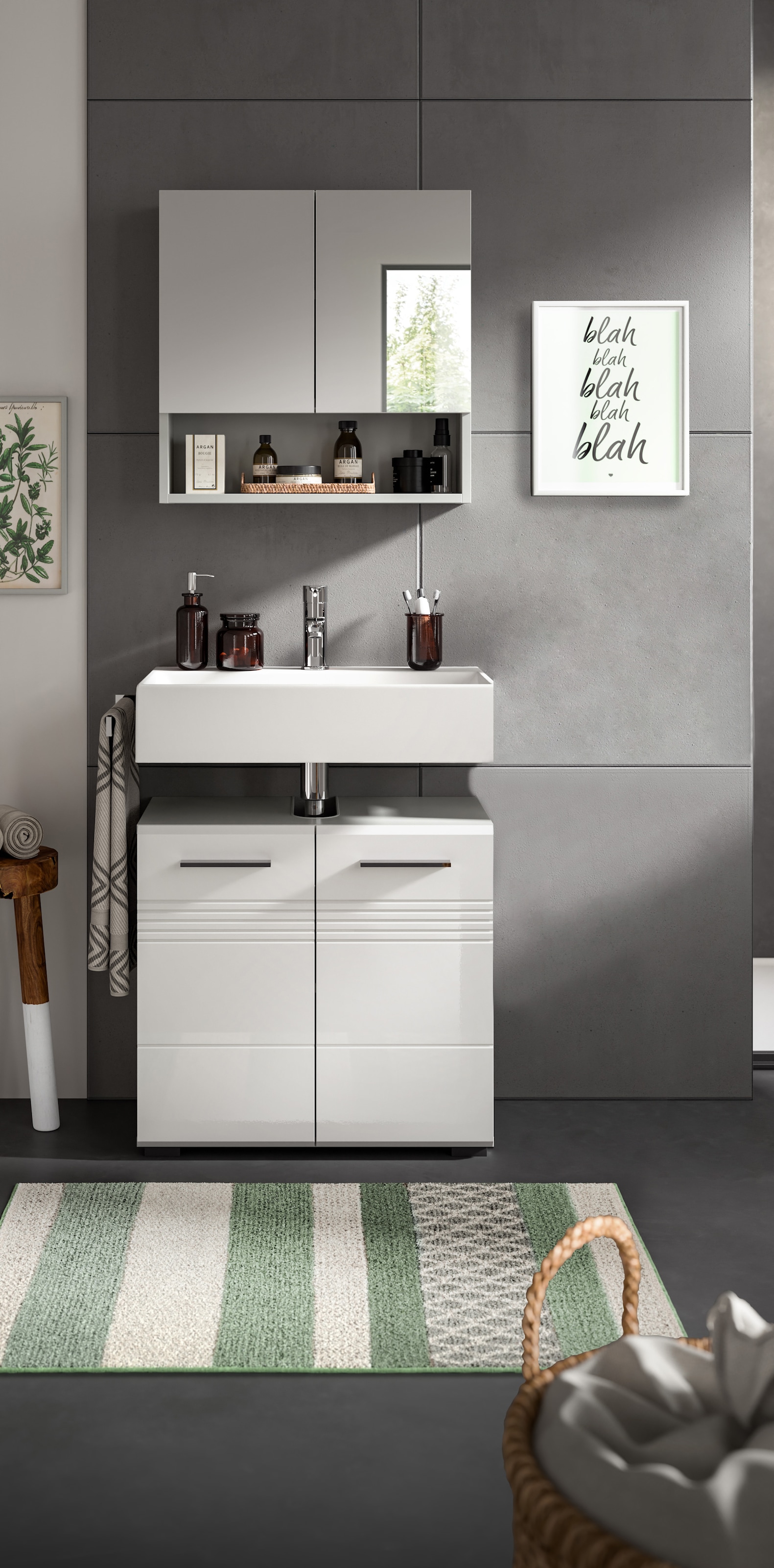 welltime Badmöbel-Set »Calicio, bestehend aus: Waschbeckenunterschrank, Spiegelschrank«, (2 St.), hochwertige MDF Front mit Rillenfräsung