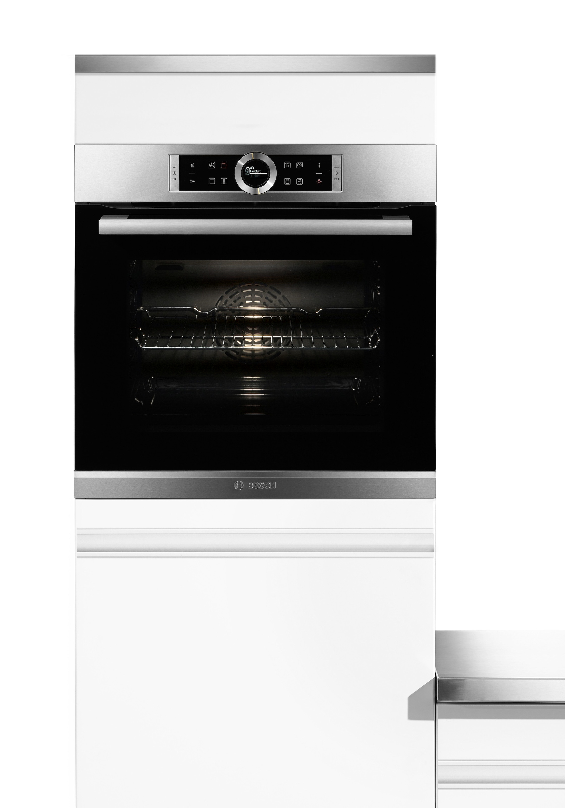 Bild von BOSCH Einbaubackofen »HBG635B«, Serie 8, mit Teleskopauszug nachrüstbar, ecoClean Direct, 4D-Heißluft-Eco-Ober-/Unterhitze Eco-Umluft-Infra-Grill-Großflächen-/Kleinflächengrill-Pizzastufe-Sanftgaren-Vorwärmen-Warmhalten-Auftaustufe, mit Pizzastufe