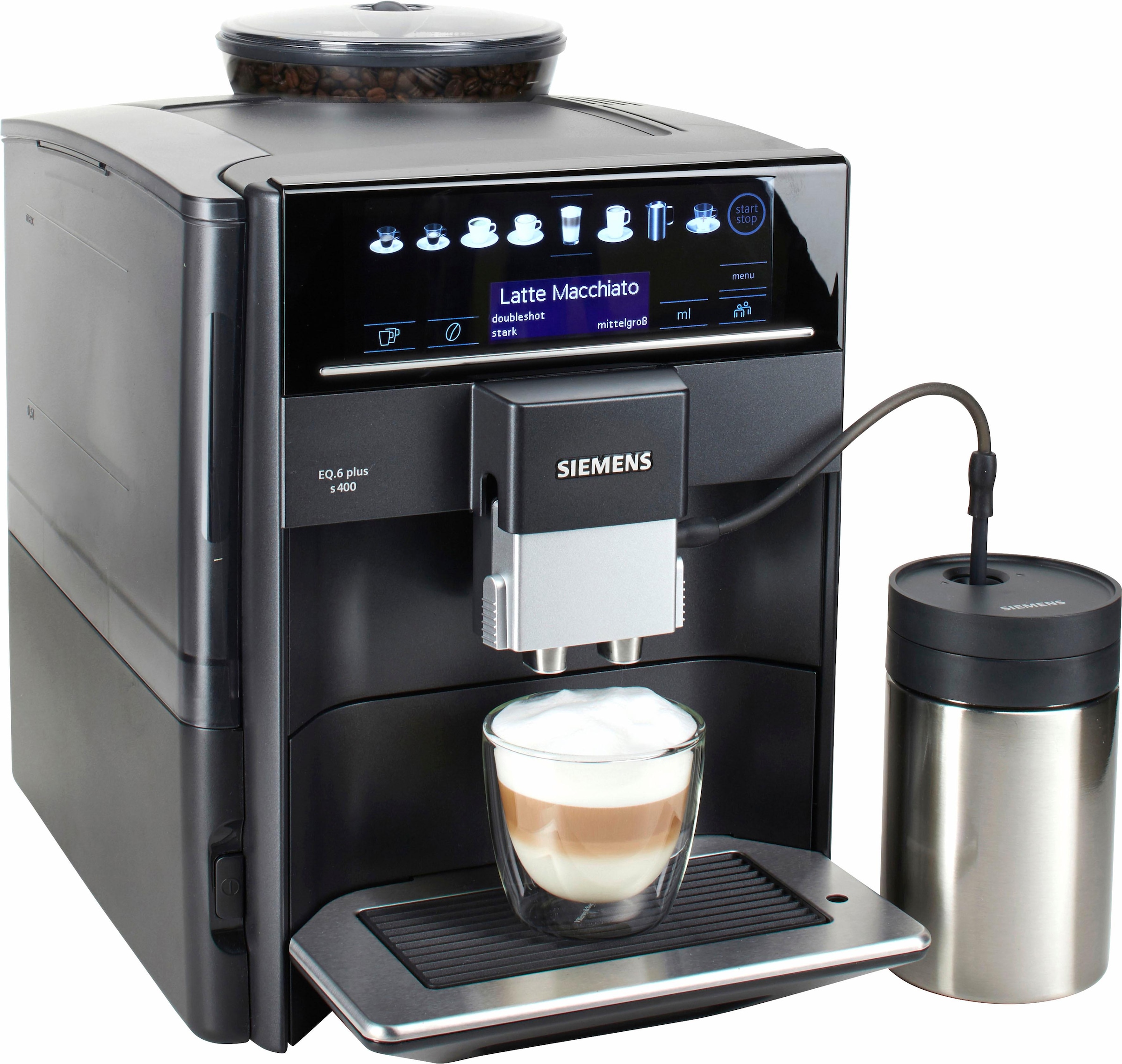SIEMENS Kaffeevollautomat »EQ6 plus s400 TE654509DE, Doppeltassenfunktion, Keramikmahlwerk«, viele Kaffeespezialitäten, automatische Dampfreinigung, saphirschwarz