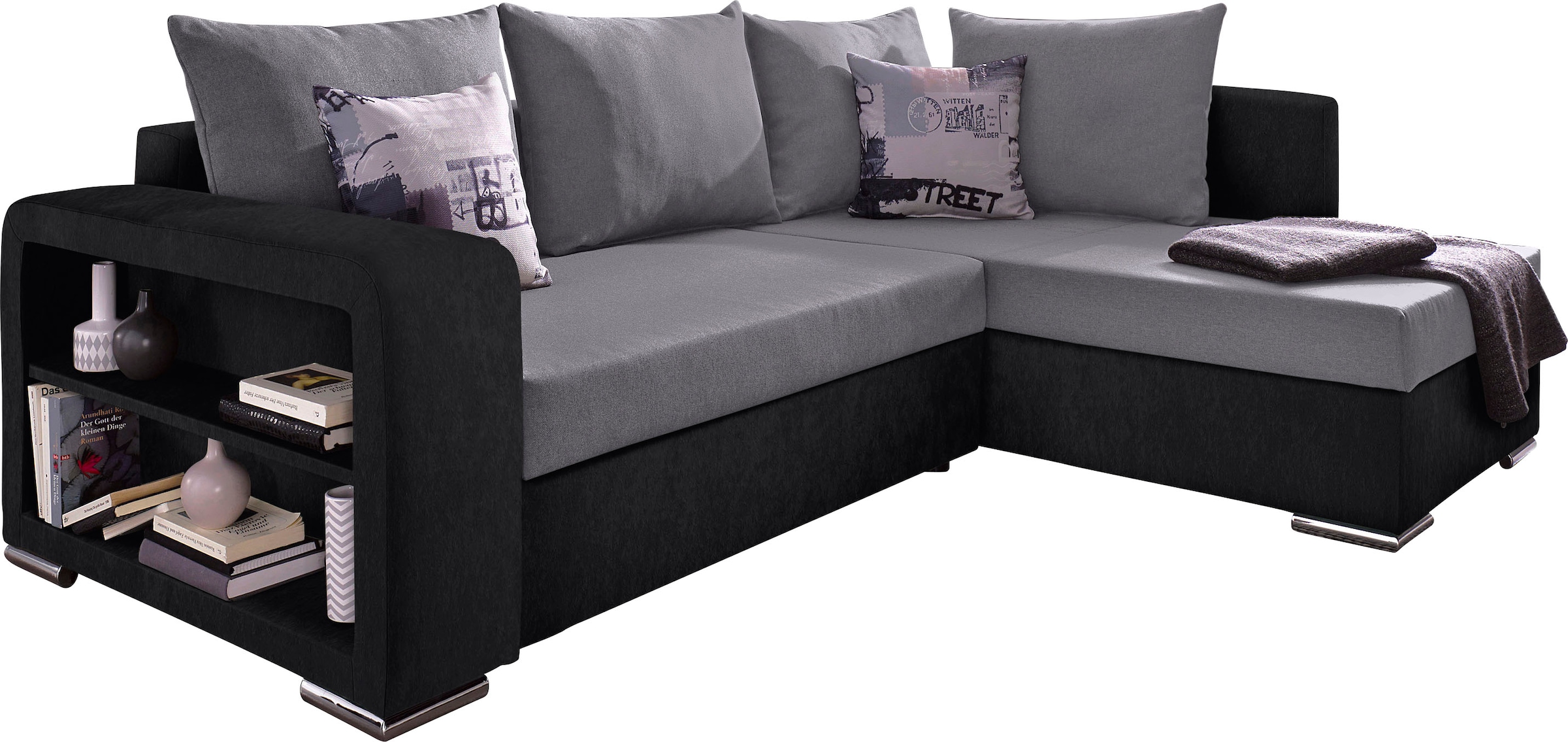 Ecksofa John mit Bettfunktion, Bettkasten und Regalarmteil