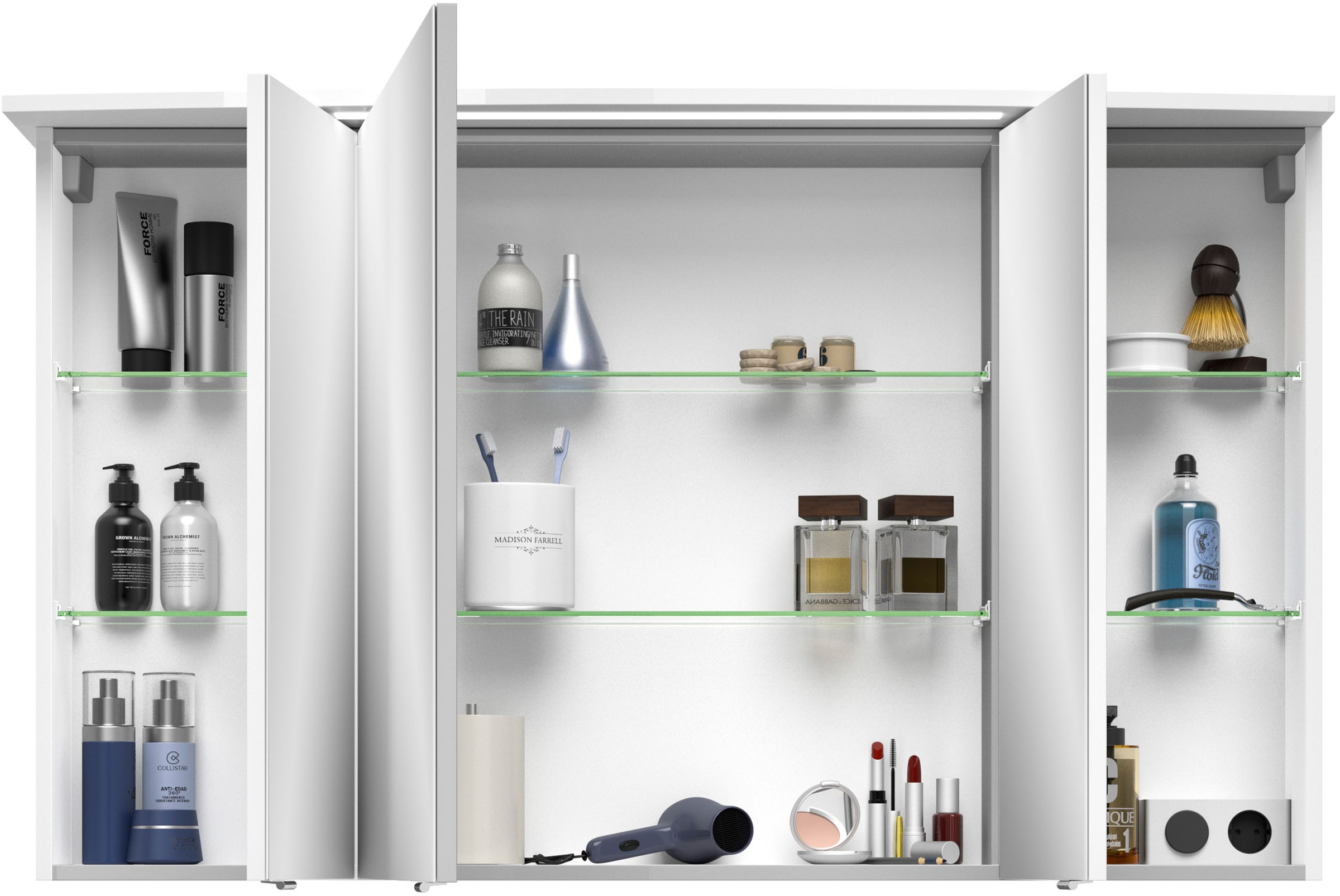 Saphir Badezimmerspiegelschrank »Serie 4010 Badezimmer-Spiegelschrank inkl. LED-Beleuchtung im Kranz«, Badschrank 122 cm breit, 3 Türen, 6 Glas-Einlegeböden, inkl Türdämpfer