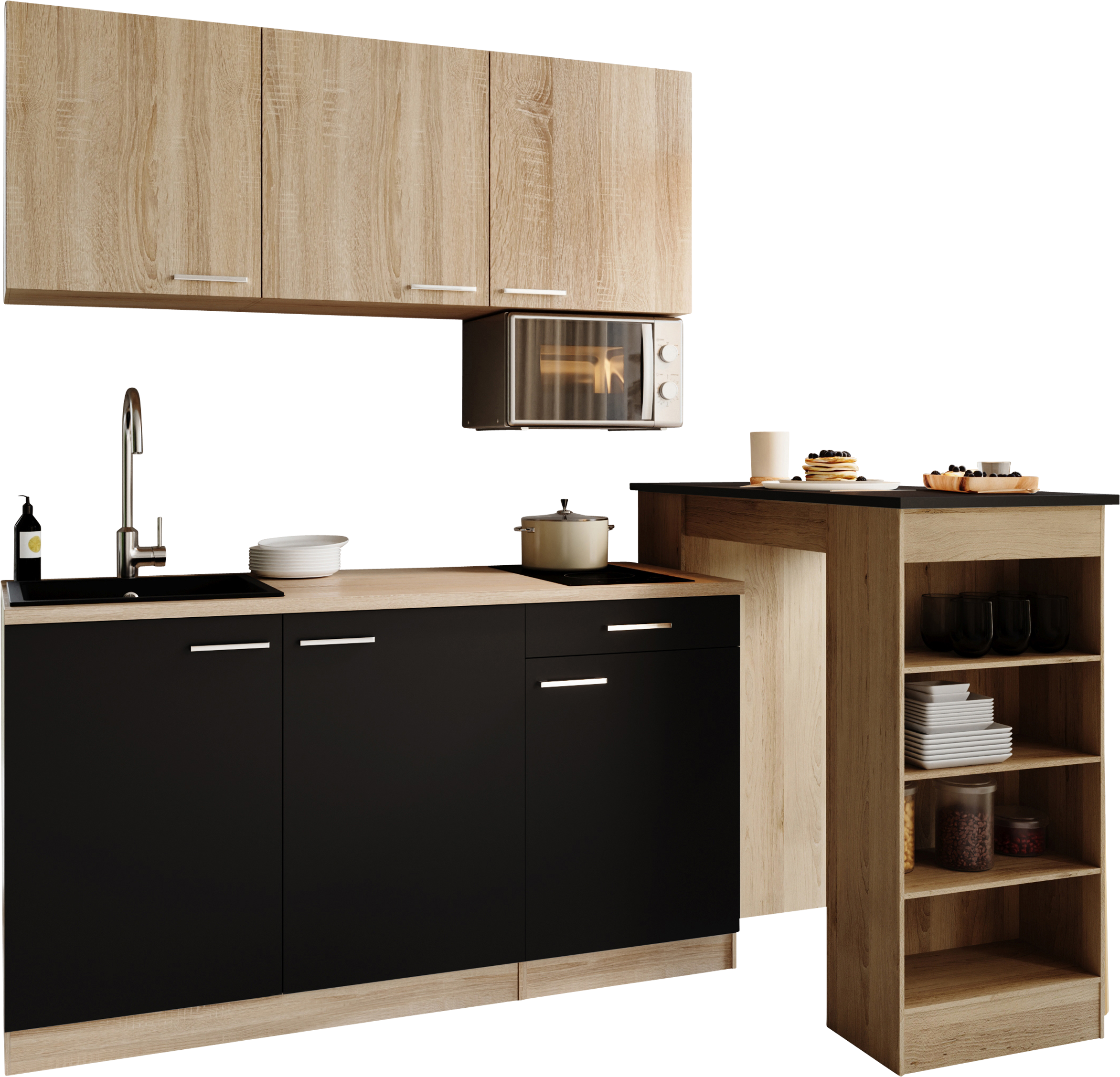 RESPEKTA Pantryküche »Ingrid, inkl. Tresentisch und Mikrowelle« zerlegt, wahlweise mit Kühlschrank, Soft-Close-Funktion, Breite 150 cm