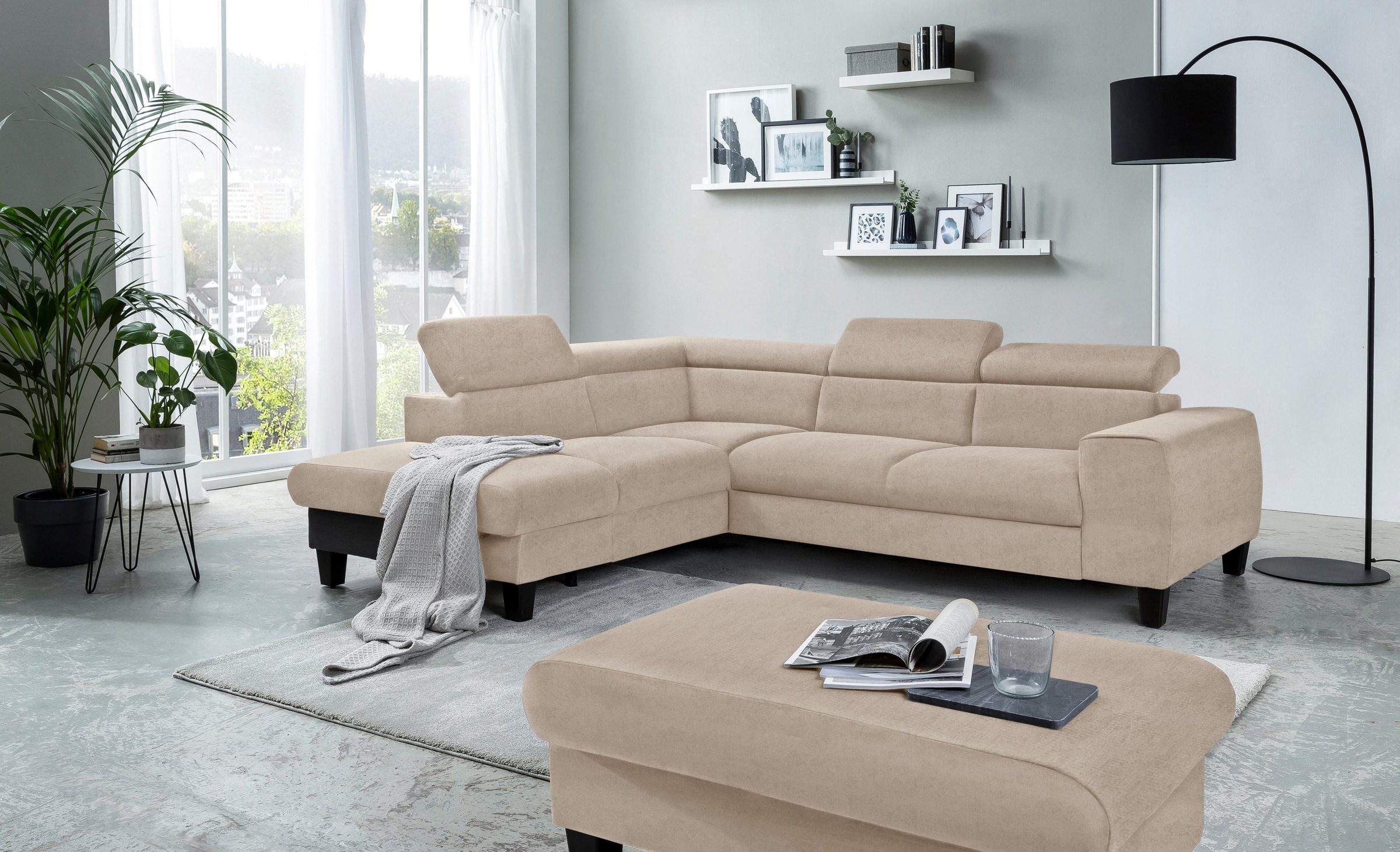 COTTA Polstergarnitur »Morven L-Form«, (Set), Set bestehend aus: Ecksofa mit Kopfteilverstellung & Hocker