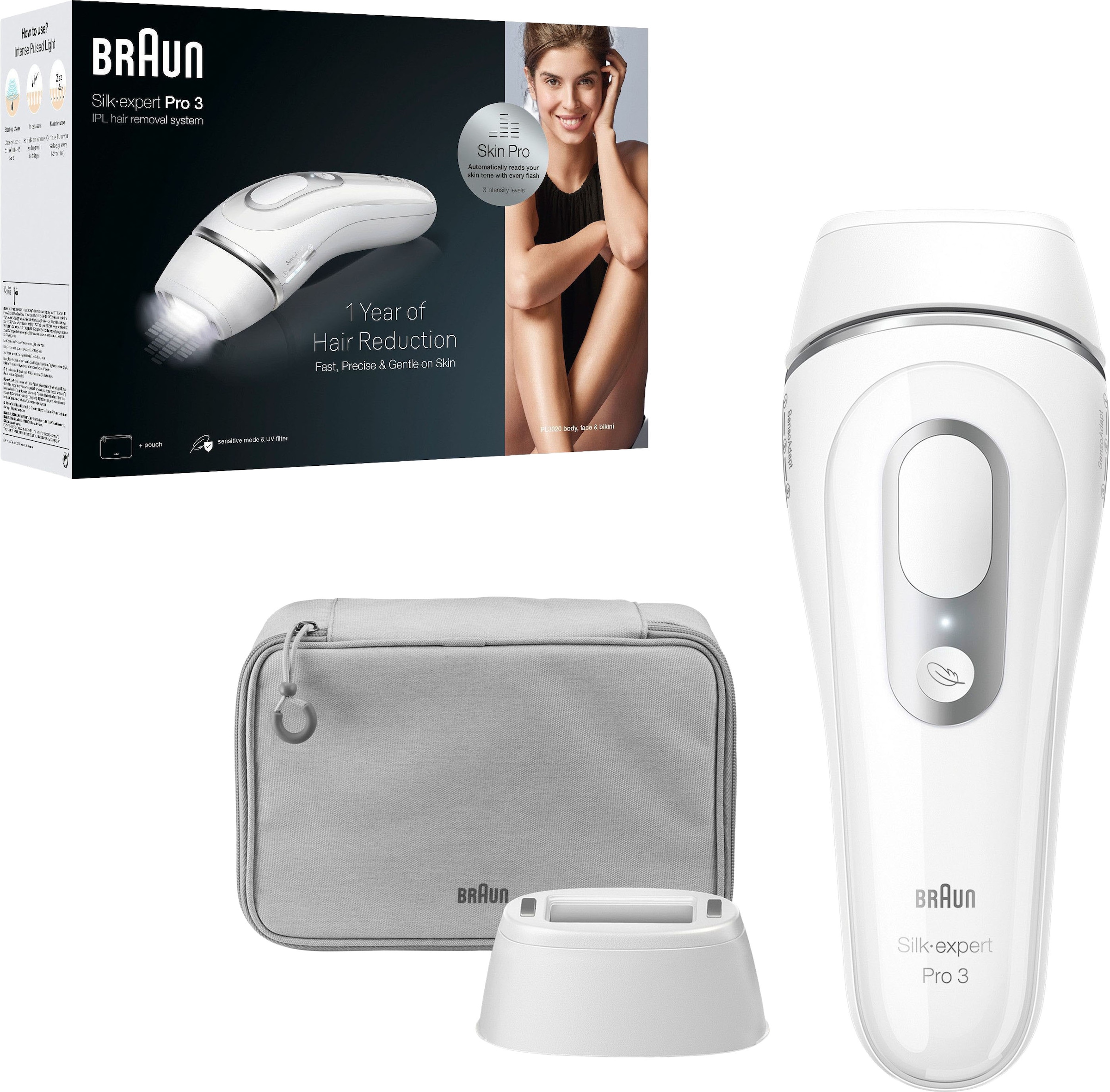 Braun IPL-Haarentferner »Silk·expert Pro 3 PL3020 (Modell 2026) PL3230 (Modell 2025)« pro Minute bis zu 100 Lichtimpulse 3 Aufsätze, mit Aufbewahrungstasche