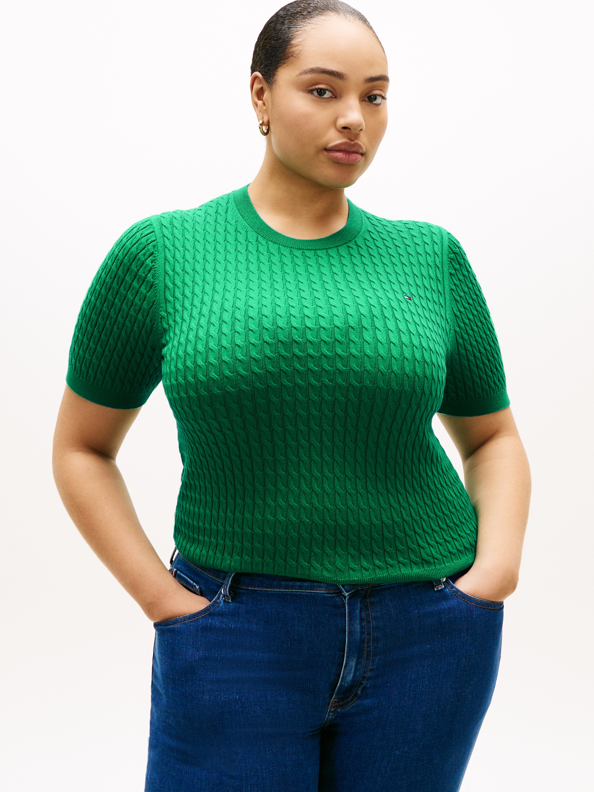 Tommy Hilfiger Curve Rundhalspullover »CRV CO CABLE FINE GG CNK S/S SWT« in großen Größen, mit Zopfmuster