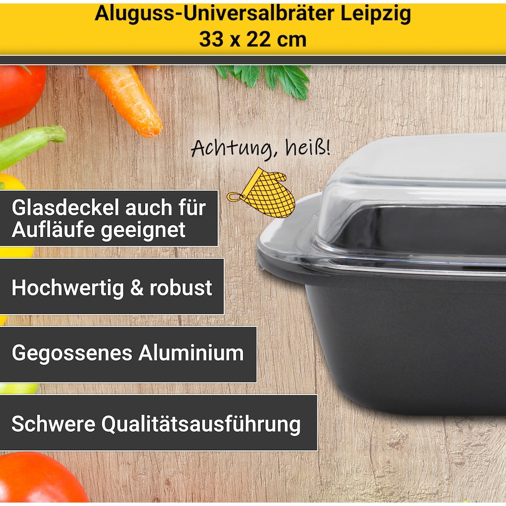 Krüger Bräter »Aluguss Universalbräter mit Glasdeckel LEIPZIG, 33 x 22 x 10,5 cm«, Aluminiumguss, (1 tlg.), hochwertige Antihaft-Versiegelung