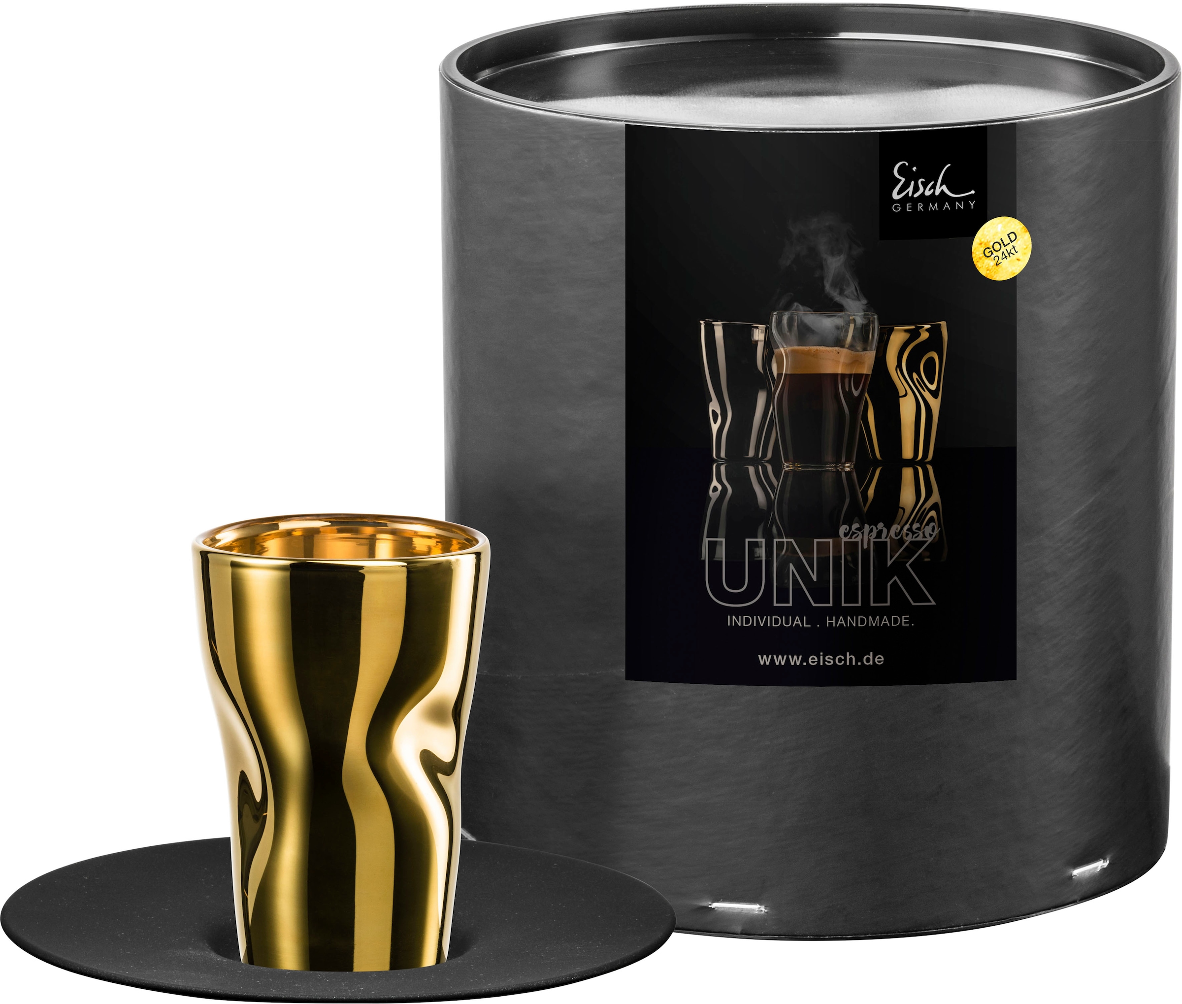 Eisch Espressoglas »UNIK«, (Set, 2 tlg., Espressoglas mit Untertasse in Geschenkröhre), Espressoglas mit Untertasse, veredelt mit Echtgold, 100 ml