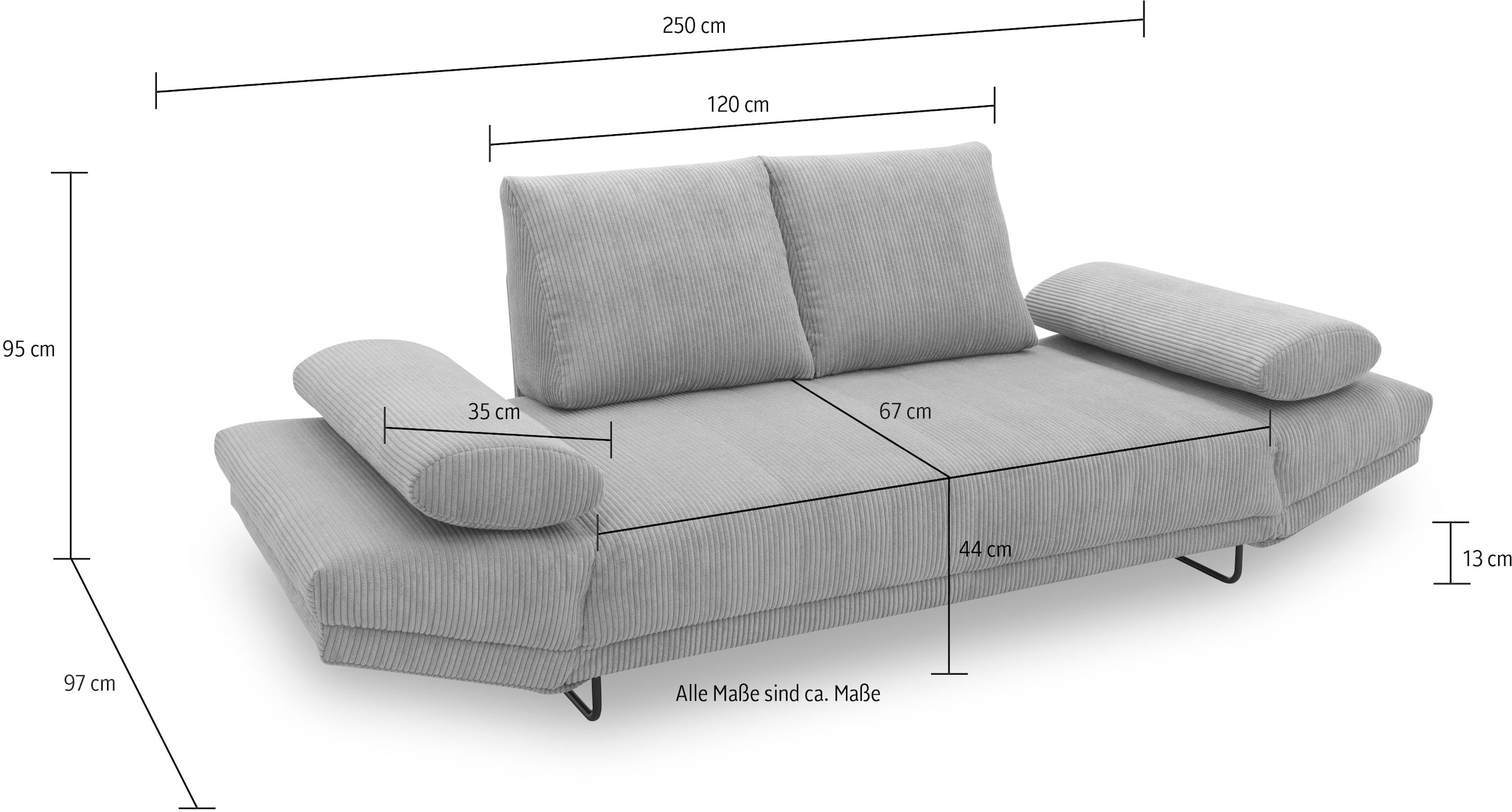 INOSIGN Schlafsofa »Jadelyn mit klappbaren Armlehnen,«, Federkern, Cord-Bezug, incl. 2 Armlehnkissen, Liegefläche 97x250 cm