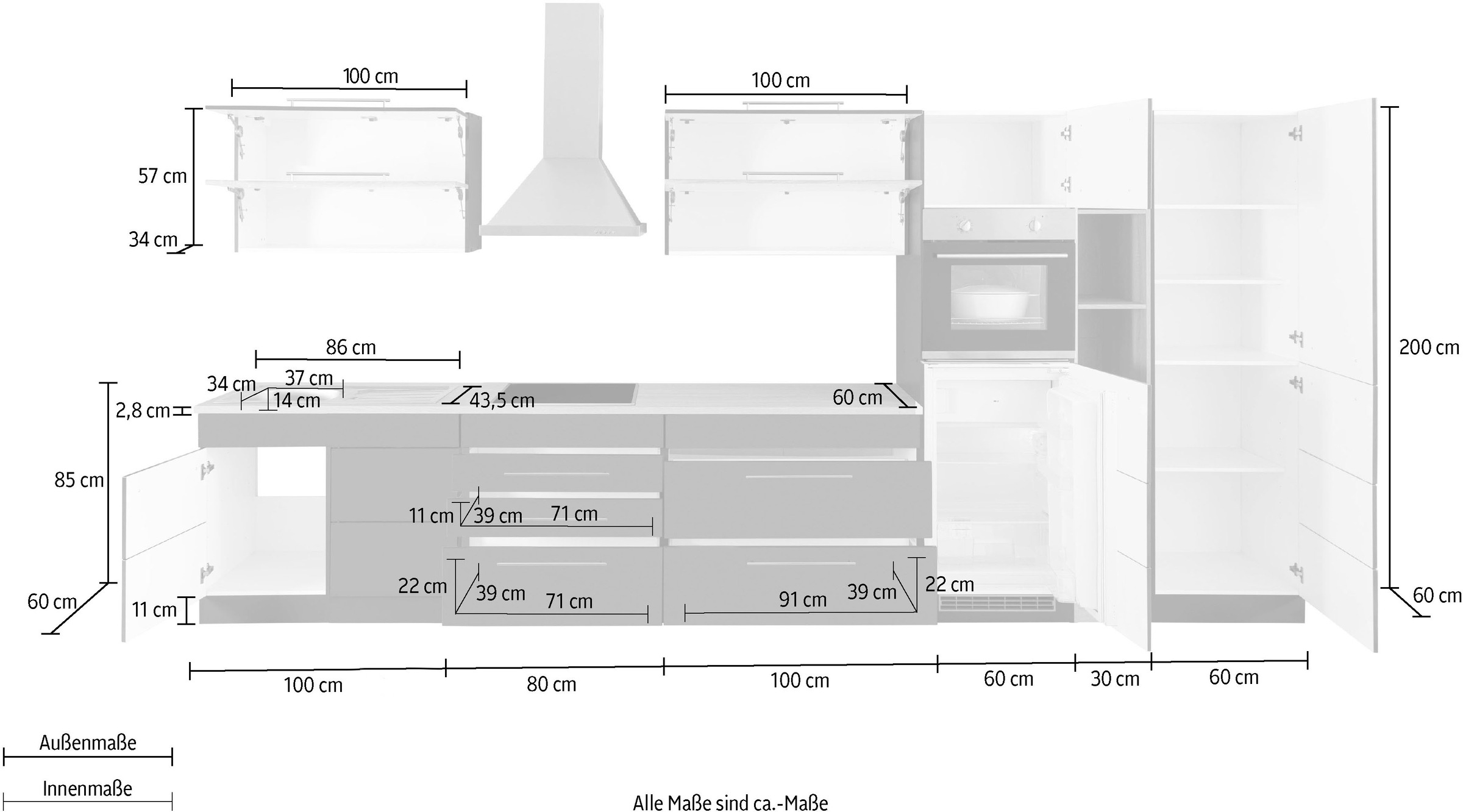 KOCHSTATION Küchenzeile »KS-Wien«, Breite 430 cm, wahlweise mit E-Geräten und Induktion