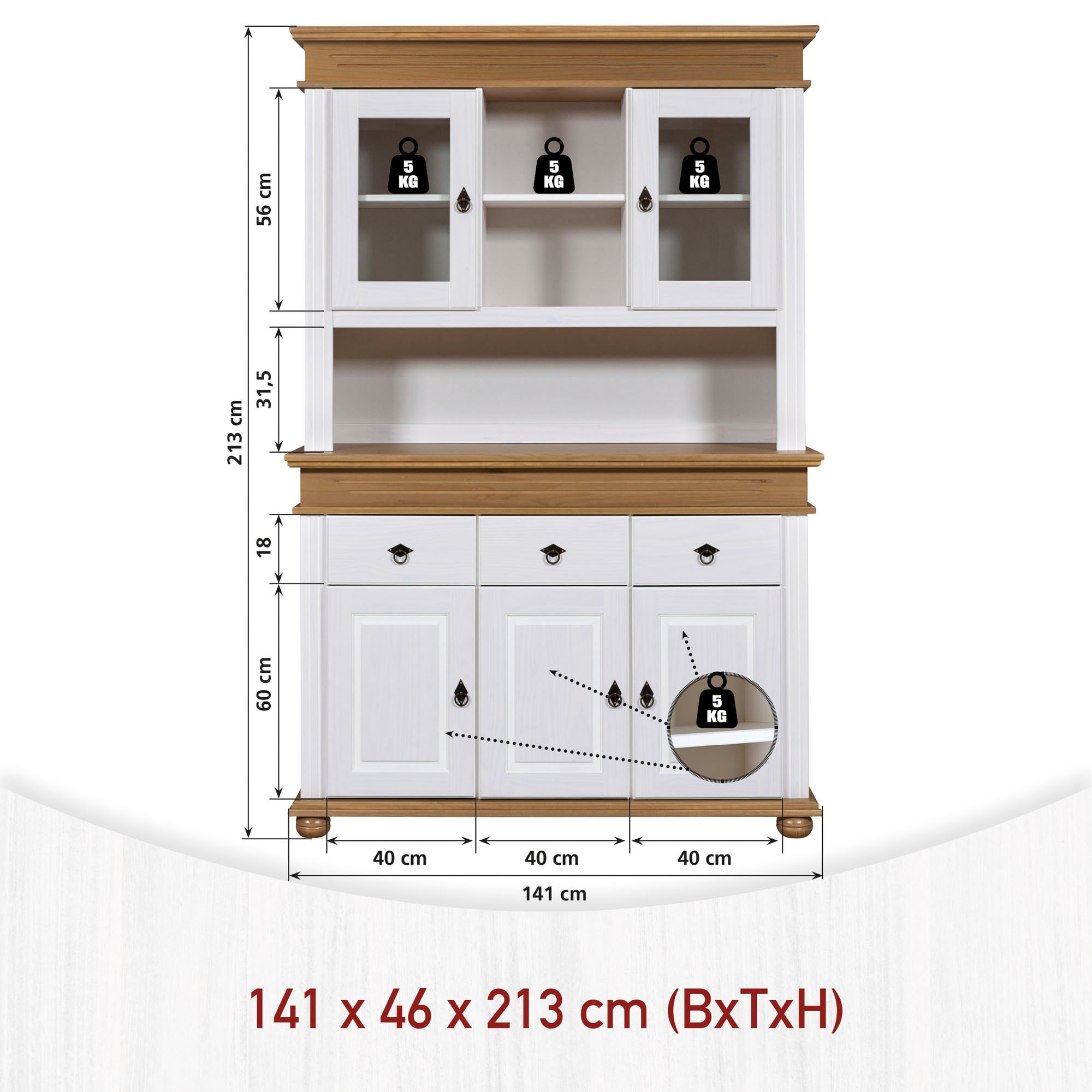 Inter Link Buffet »Halmaro, Kiefer Massivholz, Weiss/Grau-Lava, 141 x 46,30 x 213 cm« 1 Stk. tlg. Vitrine im Laudhausstil, Küchenschrank mit Glastüren, viel Stauraum