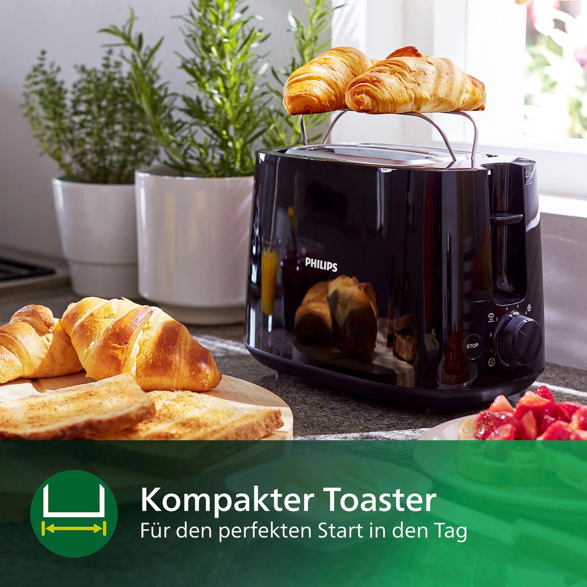 Philips Toaster »HD2581/90 Daily Collection«, 2 kurze Schlitze, für 2 Scheiben, 830 W, Brötchenaufsatz, Krümelschublade, 8 Bräunungsstufen, Schwarz