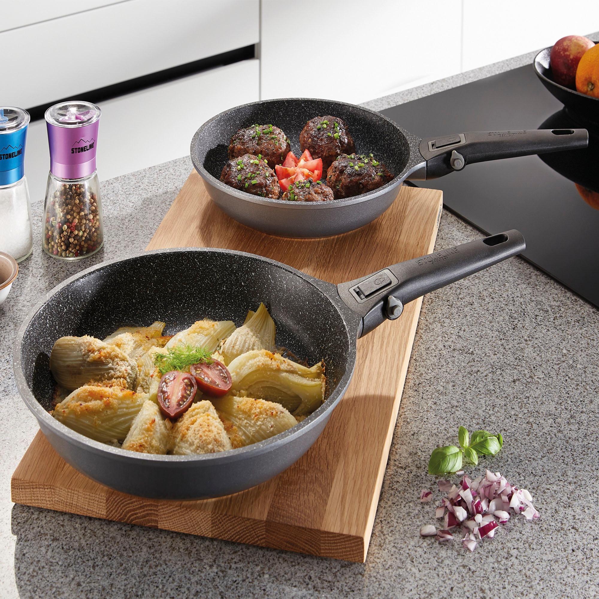 STONELINE Pfannen-Set »Imagination PLUS«, Aluminiumguss, (Set, 3 tlg., je 1 Pfanne Ø 20/24/28 cm, Fassungsvermögen 1,2 L/1,9 L/3,0 L), einzigartige Steinpartikel-Beschichtung, Induktion