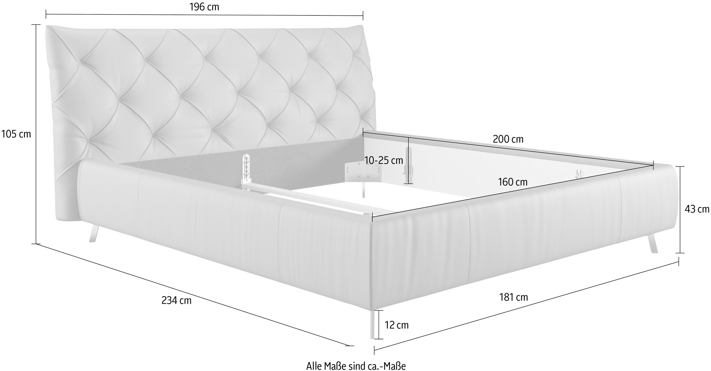 Leonique Polsterbett »Elloree, in 4 Breiten bis 200cm, auch in Leder«, Kopfteilhöhe 105 cm, belastbar bis 280 kg, auch in Überlänge 220cm