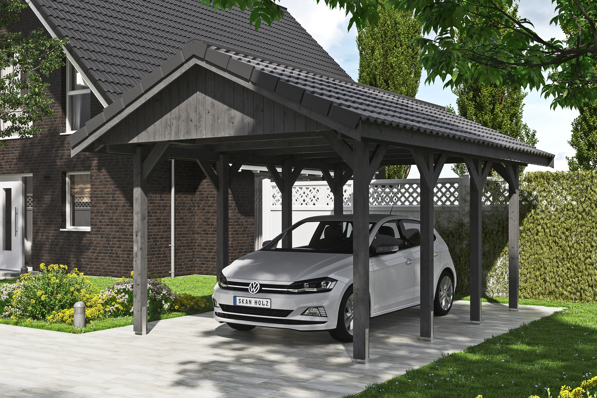 Skanholz Einzelcarport »Wallgau«, Nadelholz, 291 cm, Schiefergrau, 380x600cm, mit Dachlattung