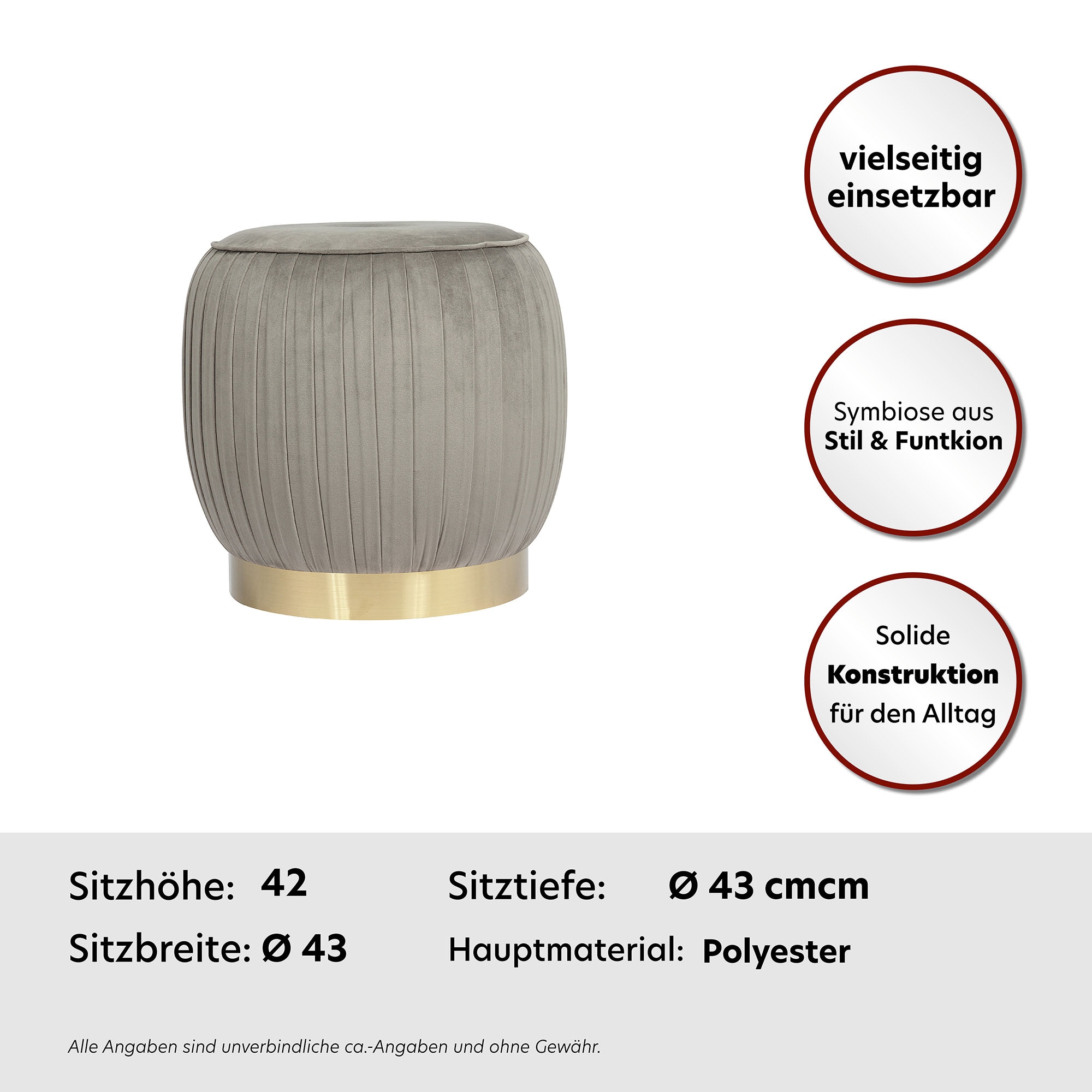 Kayoom Sitzhocker »Hocker Lilje, Edler Touch durch goldenen Sockel,Hochwertiger Samtbezug«, (1 St.), samtweich, gesteppte Ziernaht, Edelstahlsockel, Hochwertiger Samtbezug