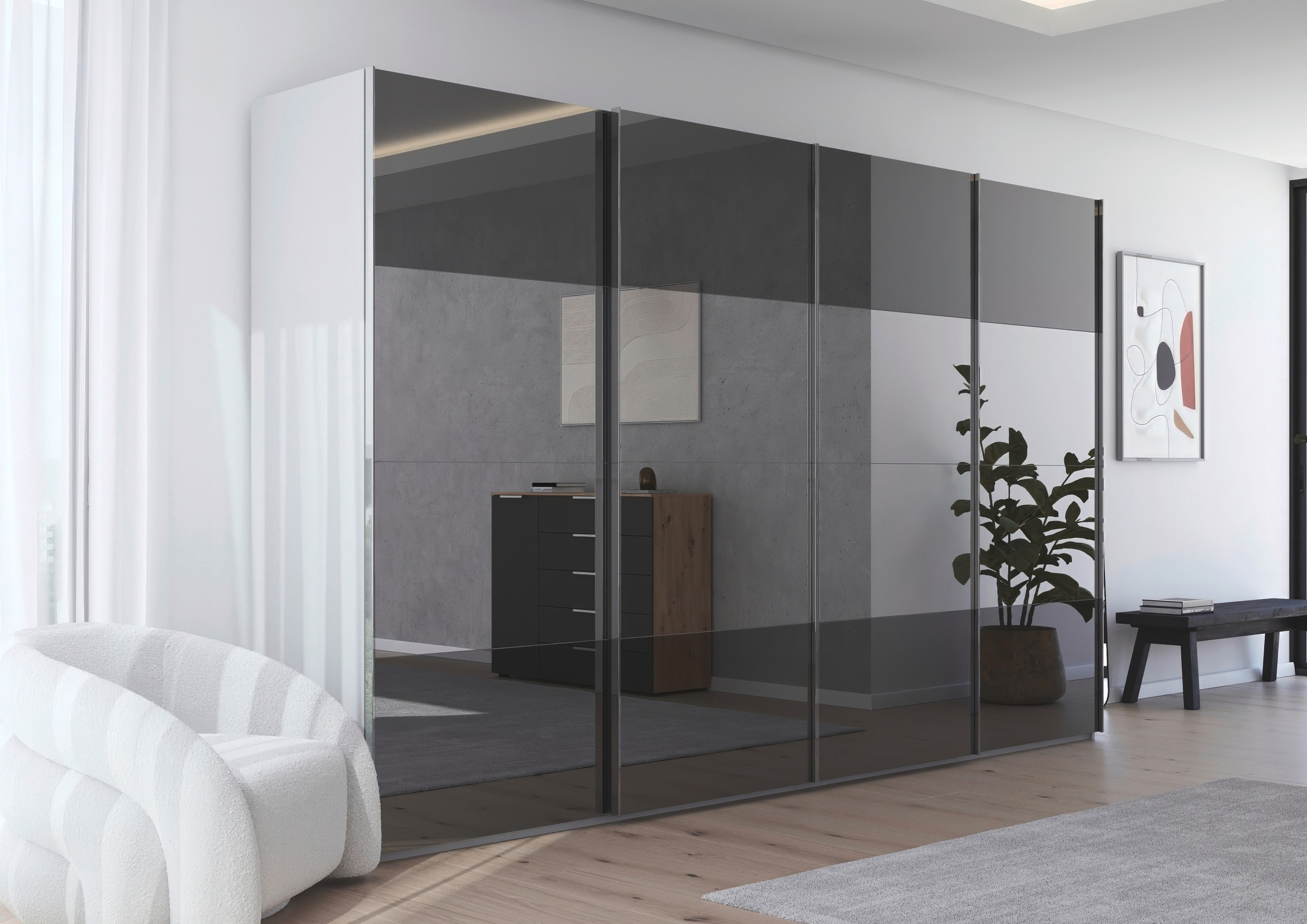 rauch Schwebetürenschrank »Kleiderschrank Schrank Garderobe Schlafzimmerschrank SCALE-FYRA«, edle Türen viergeteilt Front Spiegel-Mix viele Farben MADE IN GERMANY