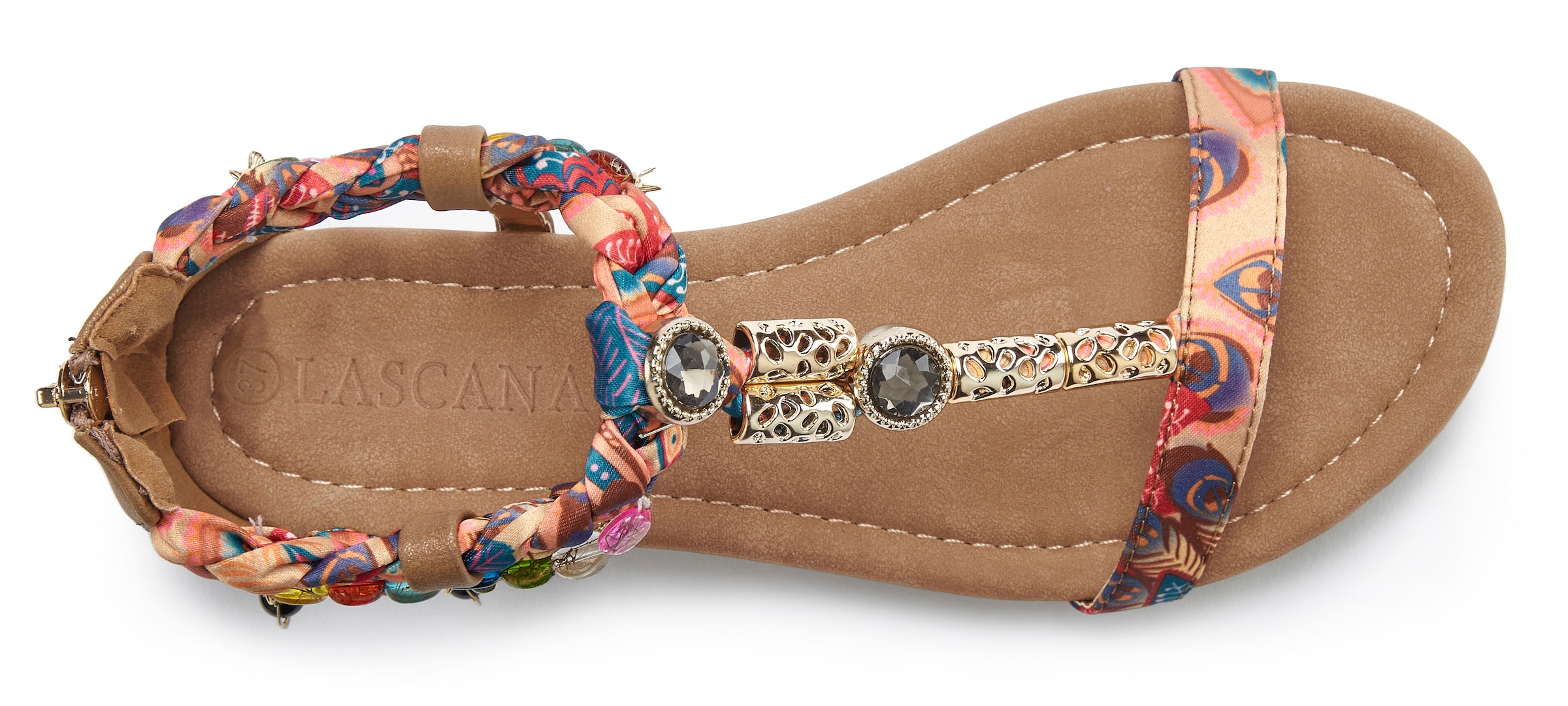LASCANA Sandale »Sommerschuh, Sandalette, offener Schuh,«  mit Schmuckkettchen und Schmucksteinen im Festival-Look VEGAN