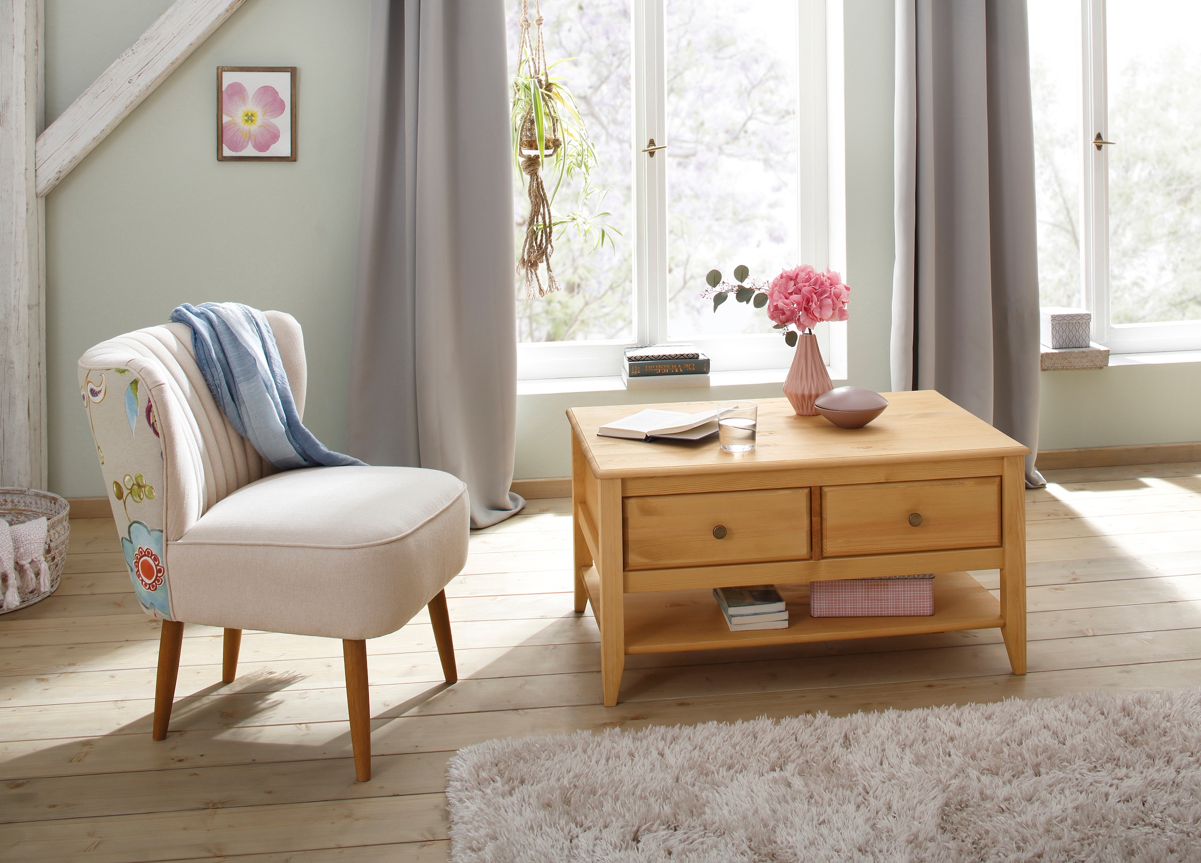 Home affaire Couchtisch »Leonis«, Breite 89 cm, mit Schubladen und Ablageboden, aus massiver Kiefer