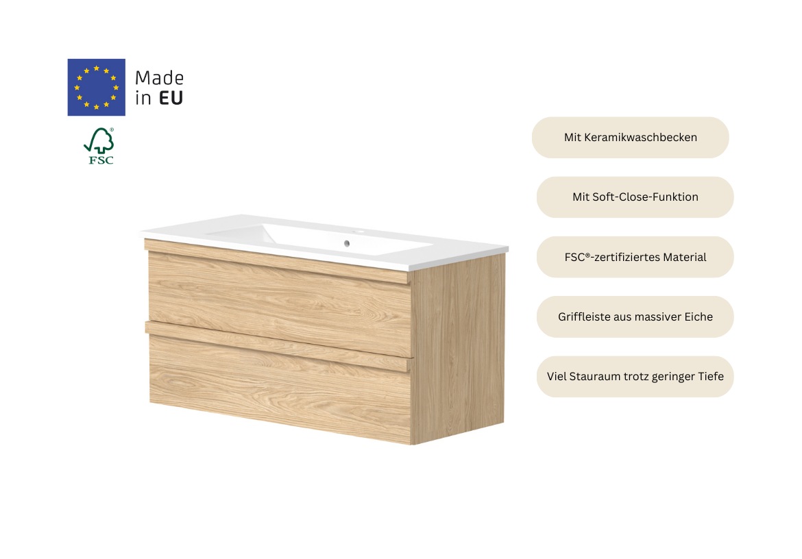 welltime Waschtisch »Pure Badmöbel Set Waschbecken mit Unterschrank«, in verschiedenen Breiten, 2 Schubladen, mit Soft-Close-Funktion, FSC®