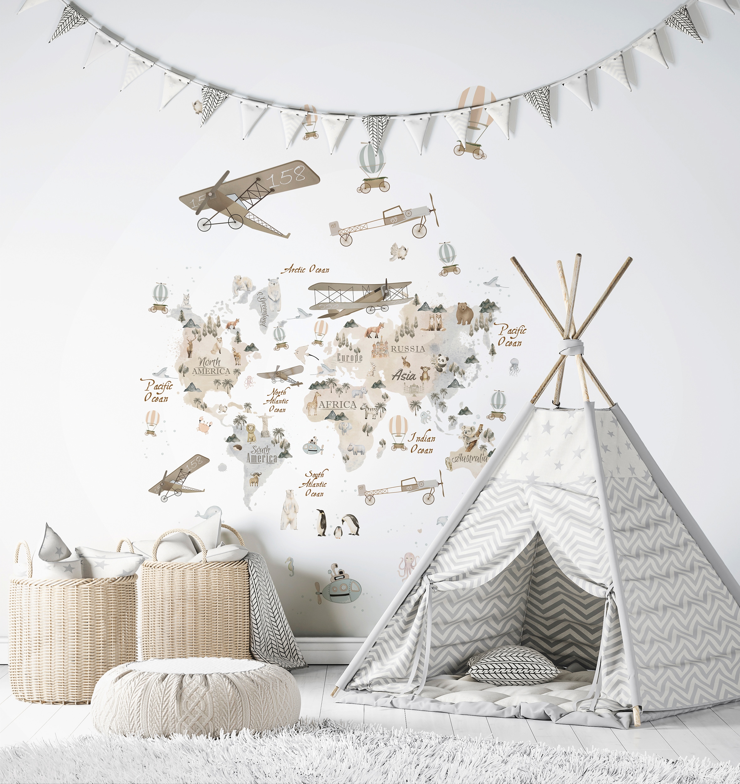 Marburg Kindertapete, matt, Weltkarte, moderne Tapete für Wohnzimmer Schlafzimmer Küche