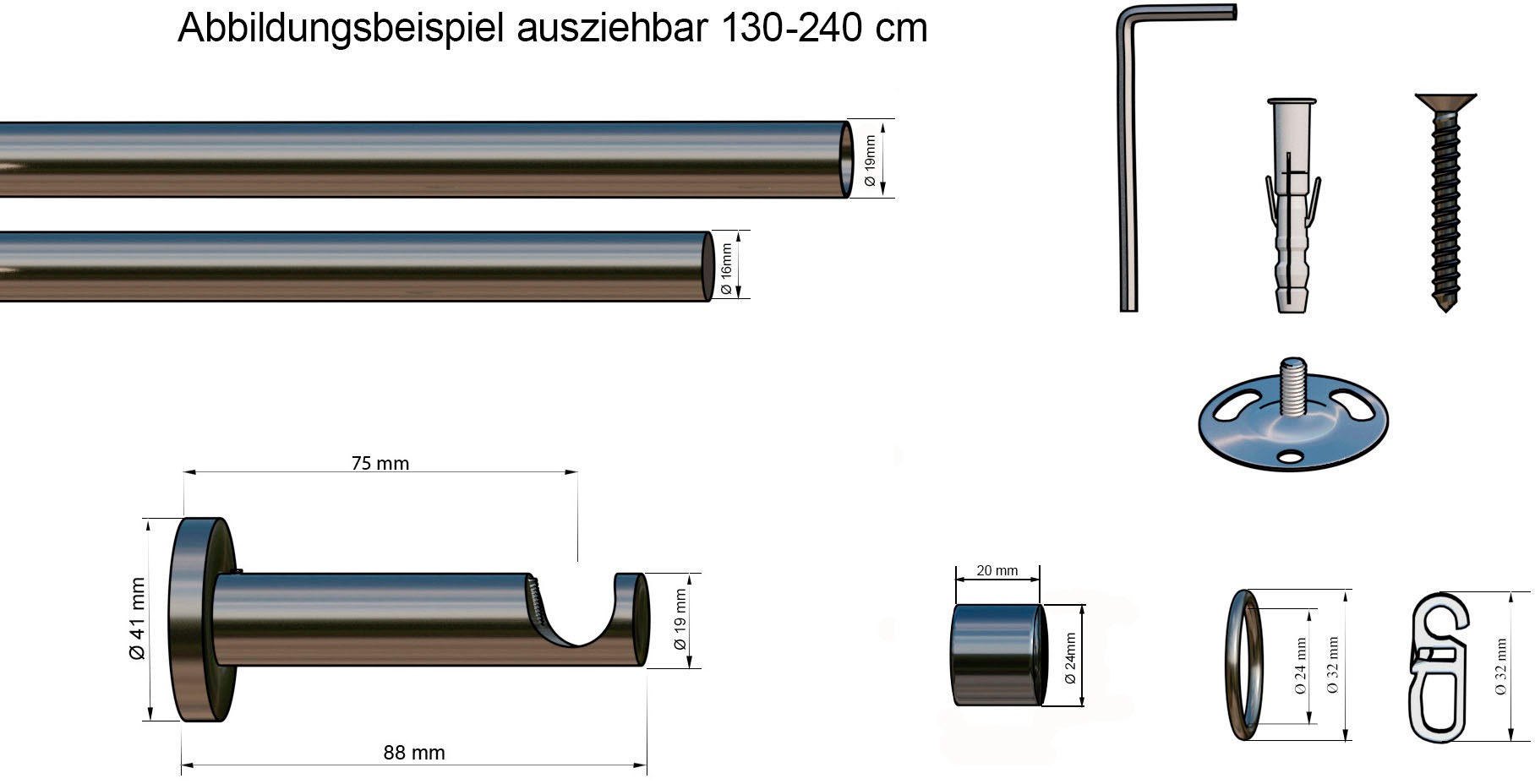 my home Gardinenstange »Kappe«, 1 läufig-läufig, ausziehbar, ausziehbar von 130cm-240cm - Komplettset