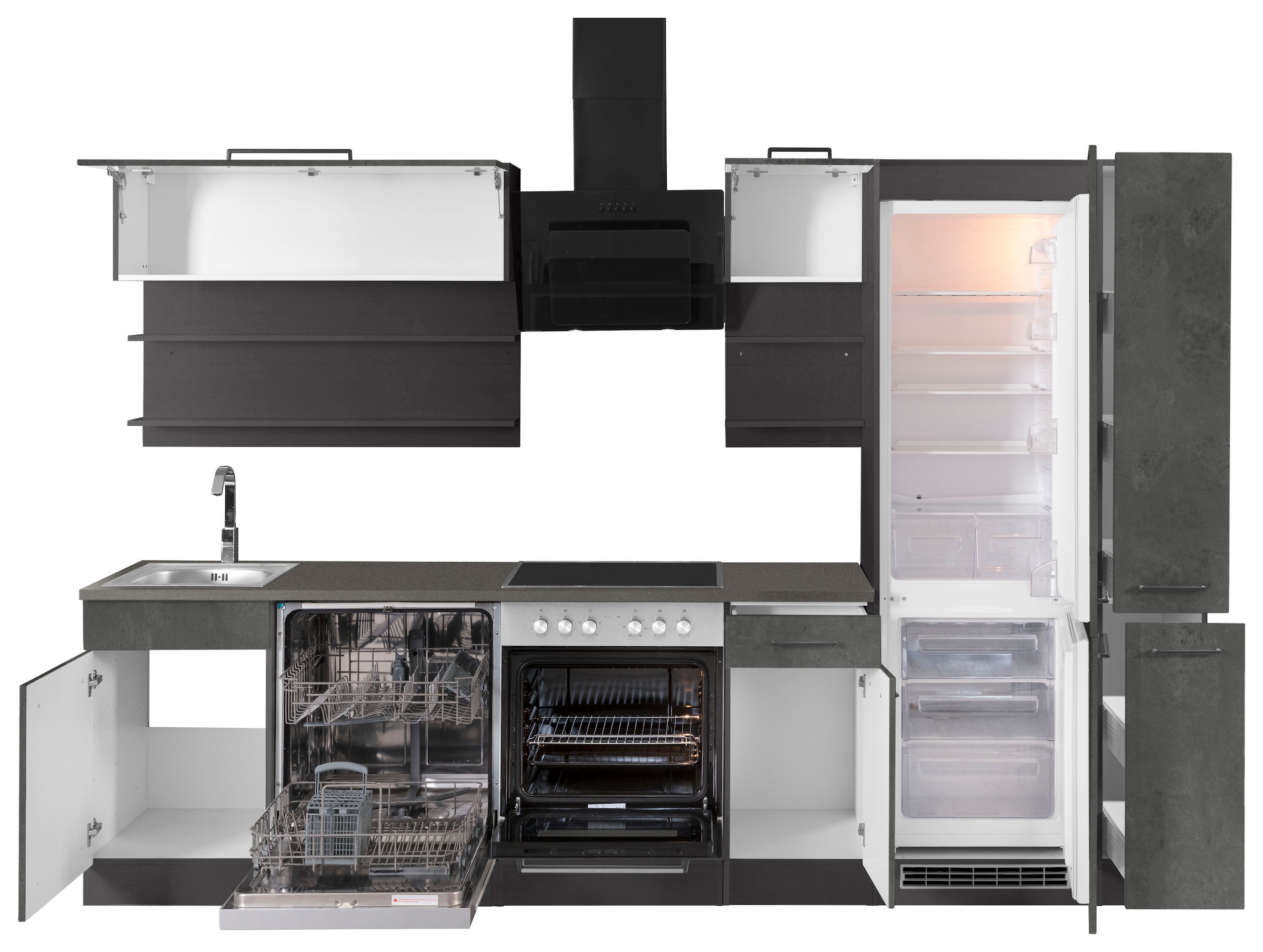 KOCHSTATION Küchenzeile »KS-Tulsa«, mit E-Geräten, Breite 300 cm, schwarze Metallgriffe, MDF Fronten