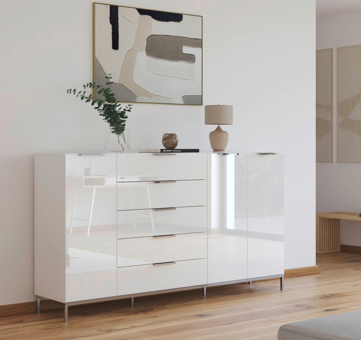rauch Kombikommode »Kommode Türkommode Sideboard Kombikommode FLIPP mit Glasfront«, (Breite 200 cm mit 4 Einlegeböden), 3-türig, 5 Schubladen, Soft-Close-Funktion, Oberboden und Front Glas