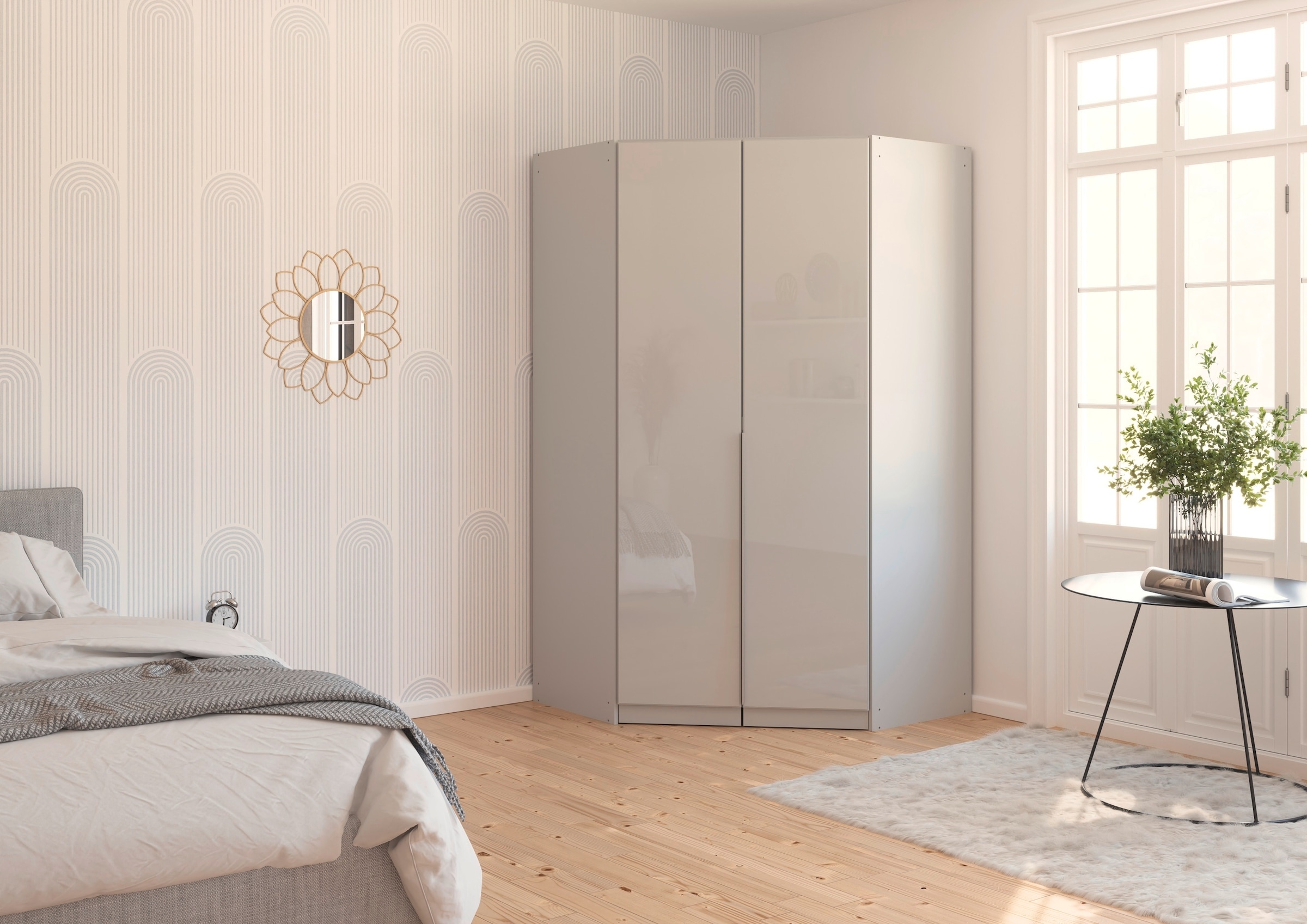 rauch Eckkleiderschrank »Kleiderschrank Schrank Ankleidezimmer Schlafzimmer Garderobe AGORDO«, (in zwei Griff-Farben), mit Glastüren, voll ausgestattet mit viel Stauraum MADE IN GERMANY