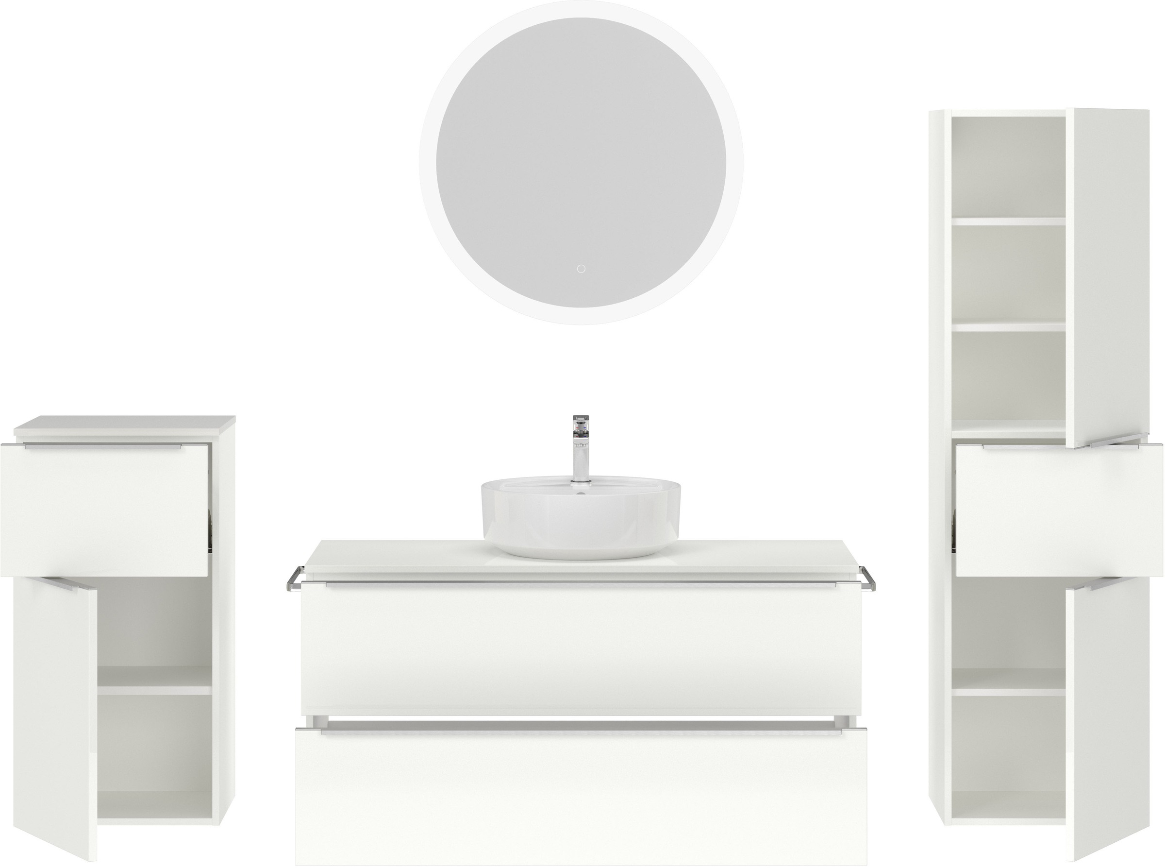 nobilia® Badmöbel-Set »Alvene«, (4 St., vormontiert, mit Soft-Close), Hochglanz, inkl. Spiegel mit Touch-Sensor, in vier Breiten