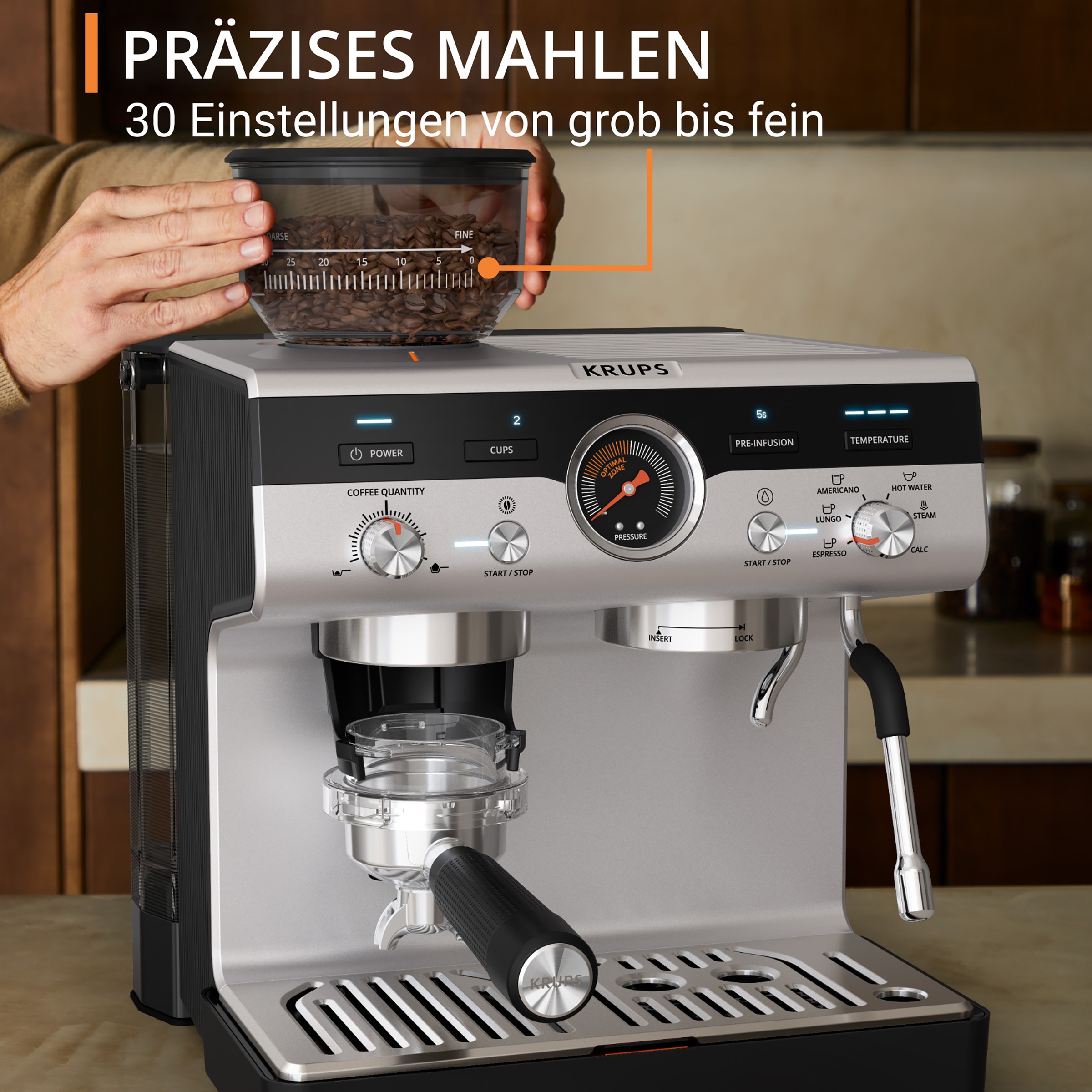 Krups Siebträgermaschine »XP801T Precision«, mit Mahlwerk, intuitive Bedienfläche, Pre-Infusion-Einstellungen