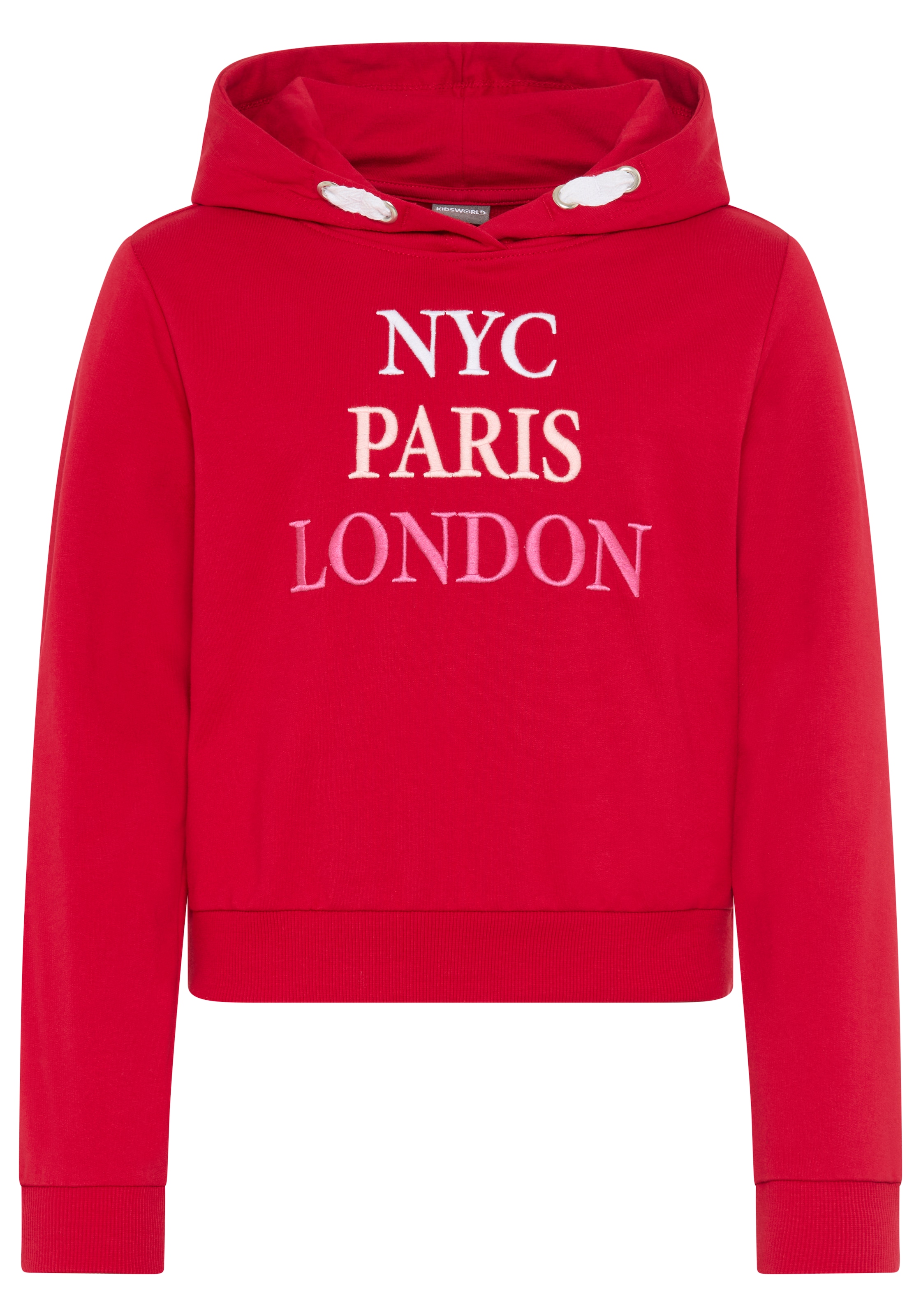 KIDSWORLD Kapuzensweatshirt »NYC Paris London - Stickerei«, Langarm,  gerade Passform,  bedruckt,  Kapuze,  aus Baumwolle
