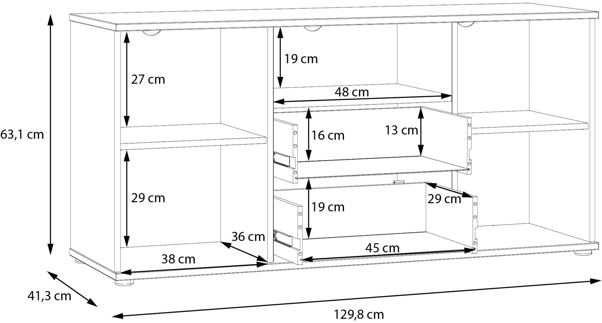FORTE Lowboard »Ganymede«, (Breite 129,8cm), TV Board, Stauraum, Schublade; Metallgriffe, Kabelführung