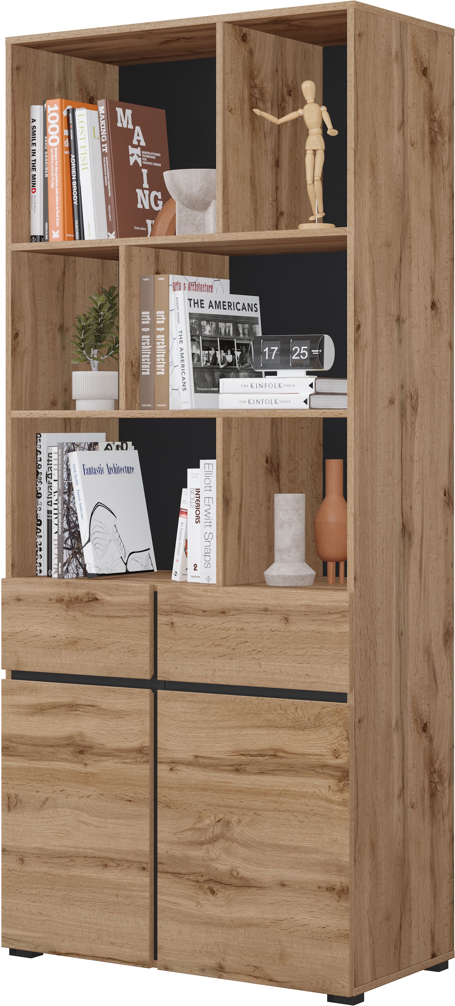 OTTO home Aktenschrank »Cross, Breite 85 cm, modernem grifflose Standregal, Bücherregal« Standregal mit 6 offene Fächern, 2 Schubladen und 2 Türen, Büroregal