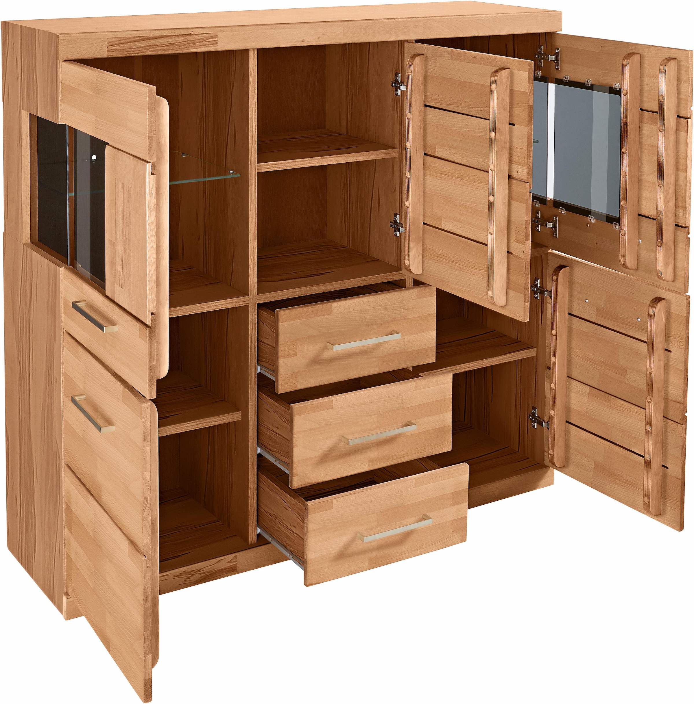 Home affaire Highboard »Ribe,125cm breit,115cm hoch, Fronten Massivholz,5Türen,3 Schubladen«, Holz massiv, Holzwerkstoff, Metall Griffe,10Fächer, Böden versetzbar