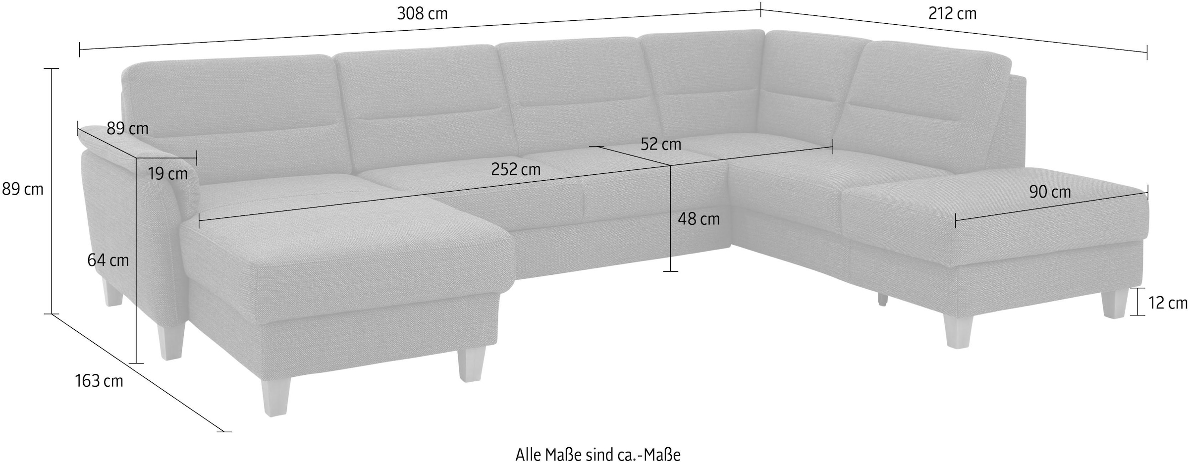 Home affaire Wohnlandschaft »Palmera U-Form, B: 308 cm«, optional Bettfunktion & Bettkasten, Federkern