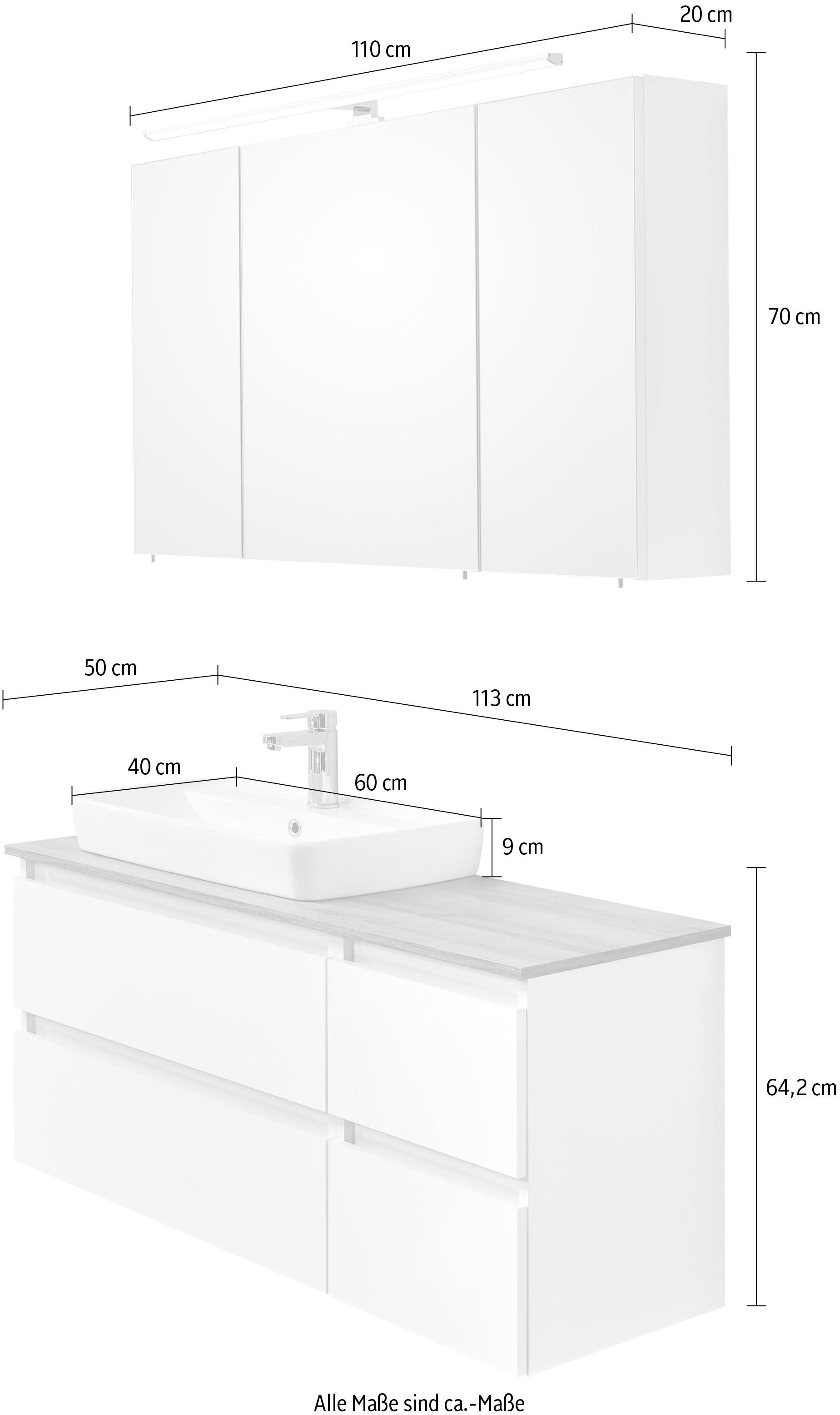 Saphir Badmöbel-Set »Quickset 360 2-teilig, Keramik-Aufsatzbecken mit LED-Spiegelschrank«, (2 St.), Waschtischplatte, 115 cm breit, Weiß Glanz, 3 Türen, 4 Schubladen