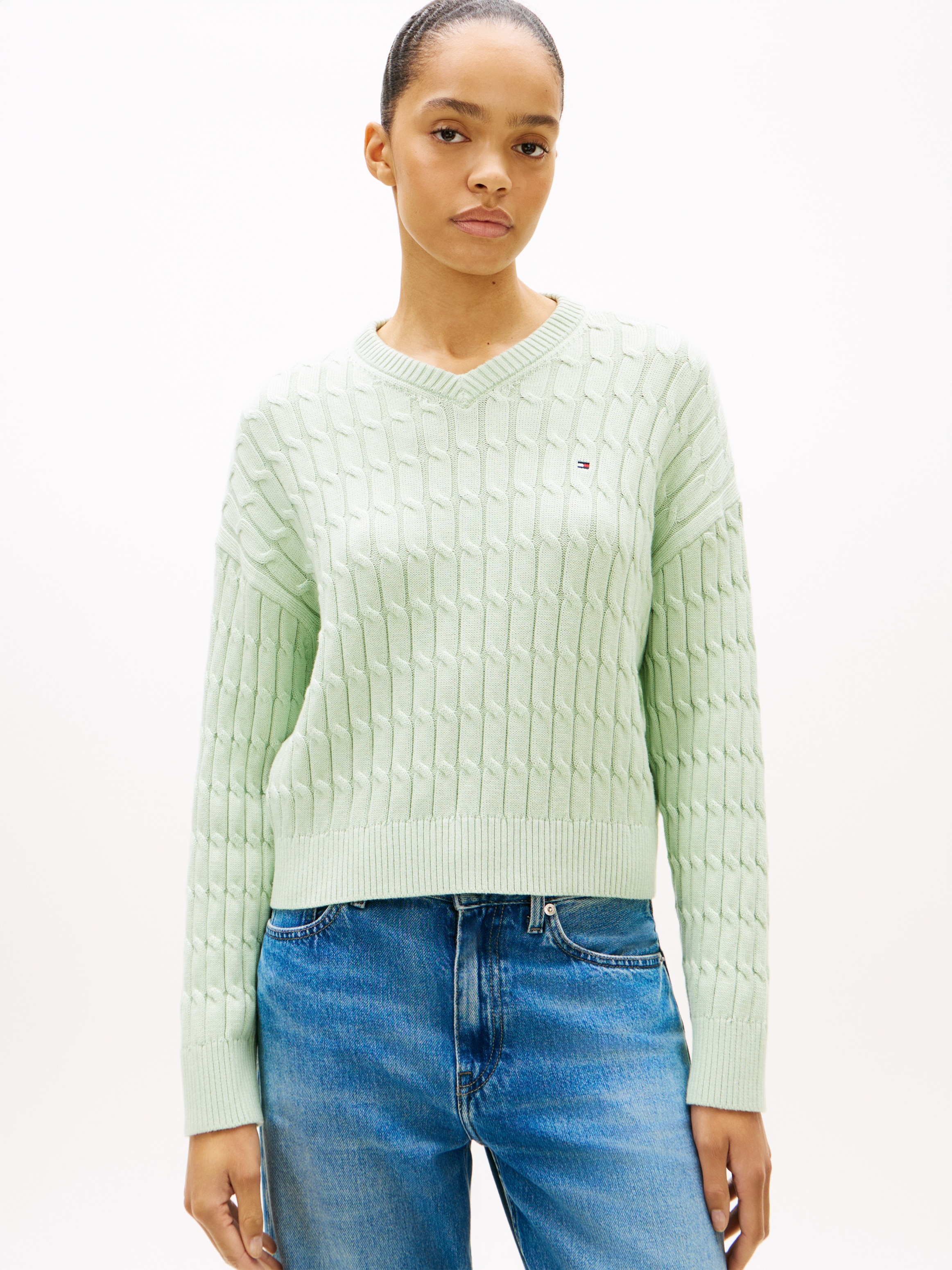 Tommy Hilfiger Strickpullover »CO CABLE MID GG RLX LS V-NK SWT« mit Zopfmuster