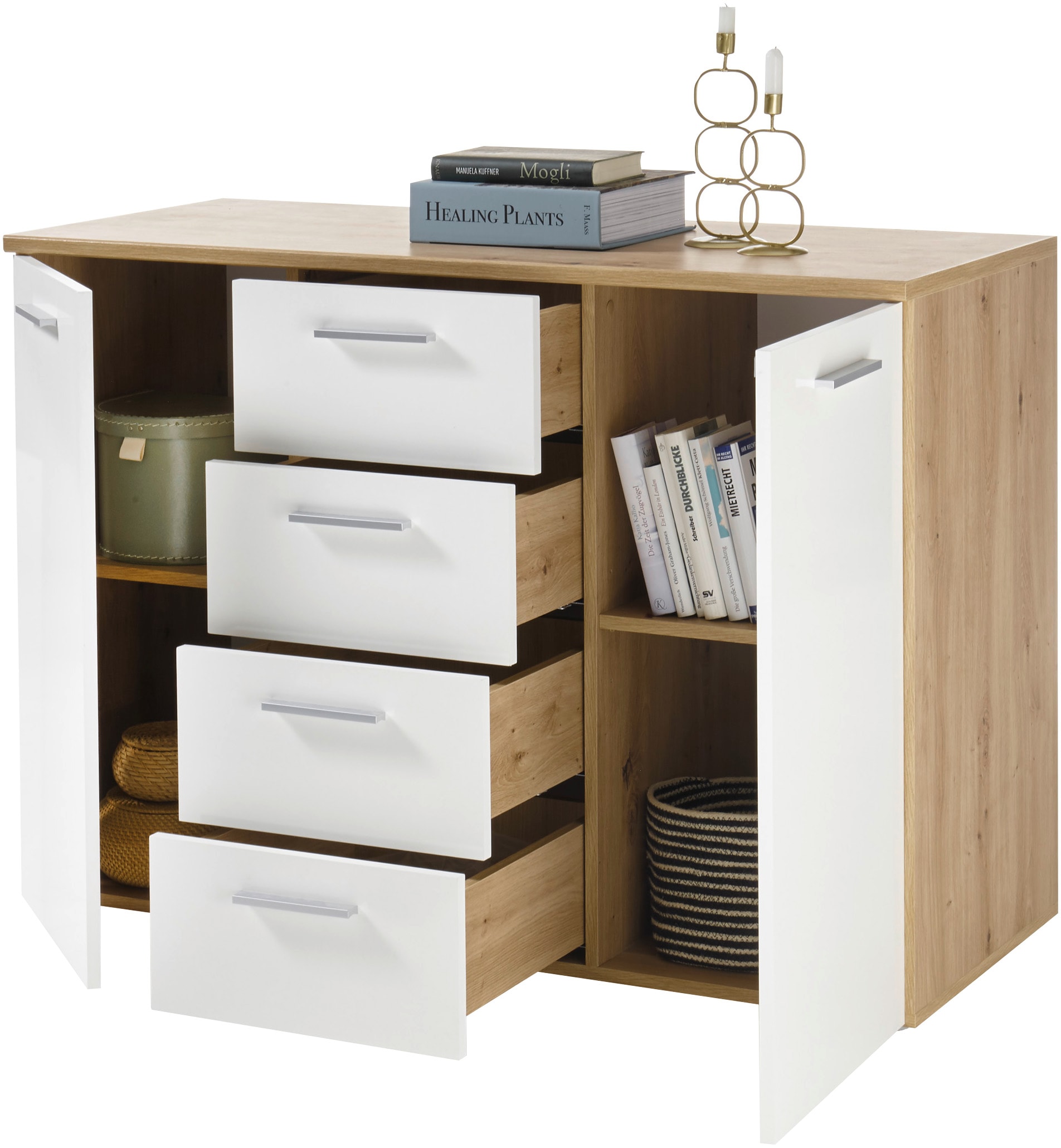 HBZ Kommode »Pablo weiß Glanz, BxHxT 120x85x50 cm«, Kommode mit 2 Türen, 4 Schubkästen, 2 Einlegeböden verstellbar