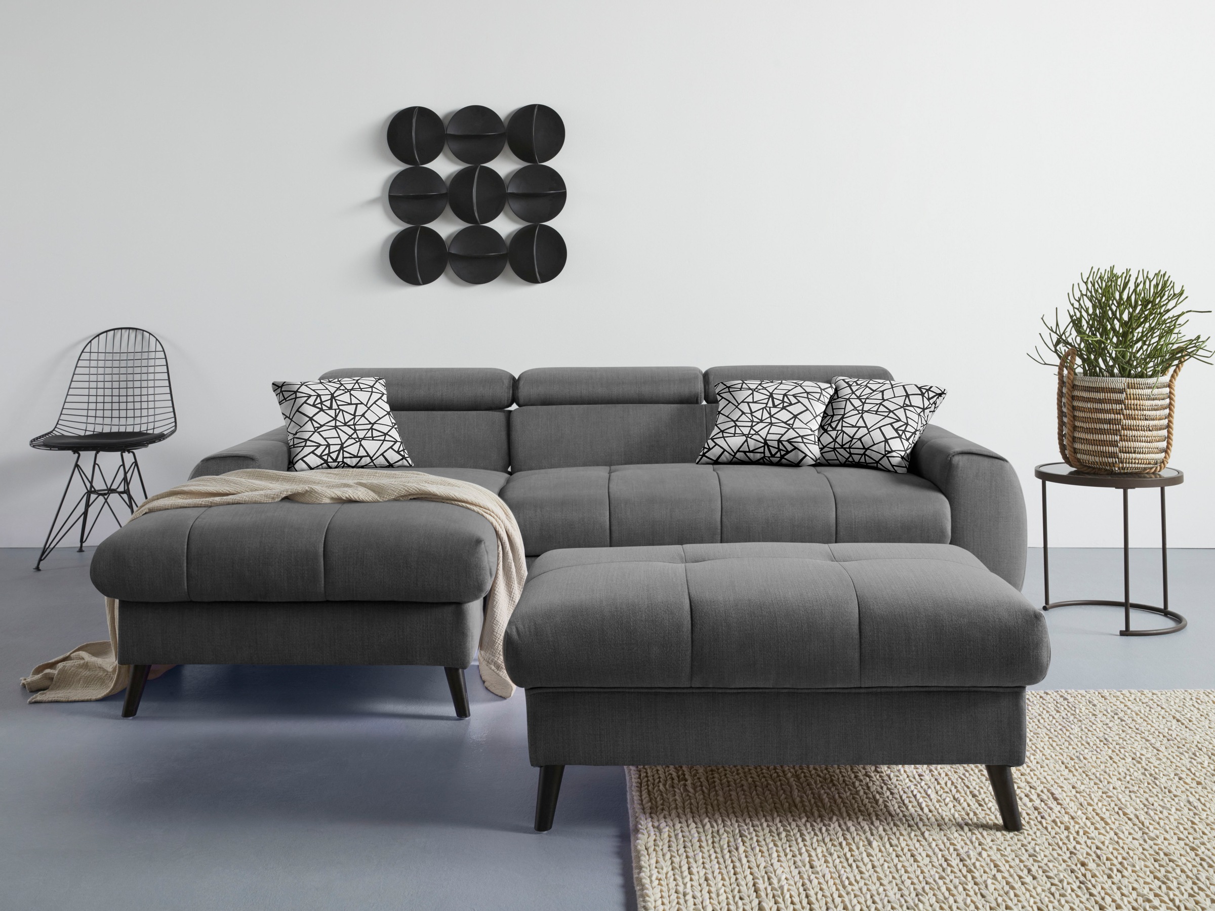 COTTA Ecksofa »Mia L-Form mit 3 Zierkissen«, wahlweise mit Bettfunktion, Bettkasten, Beleuchtung & Wireless-Charger